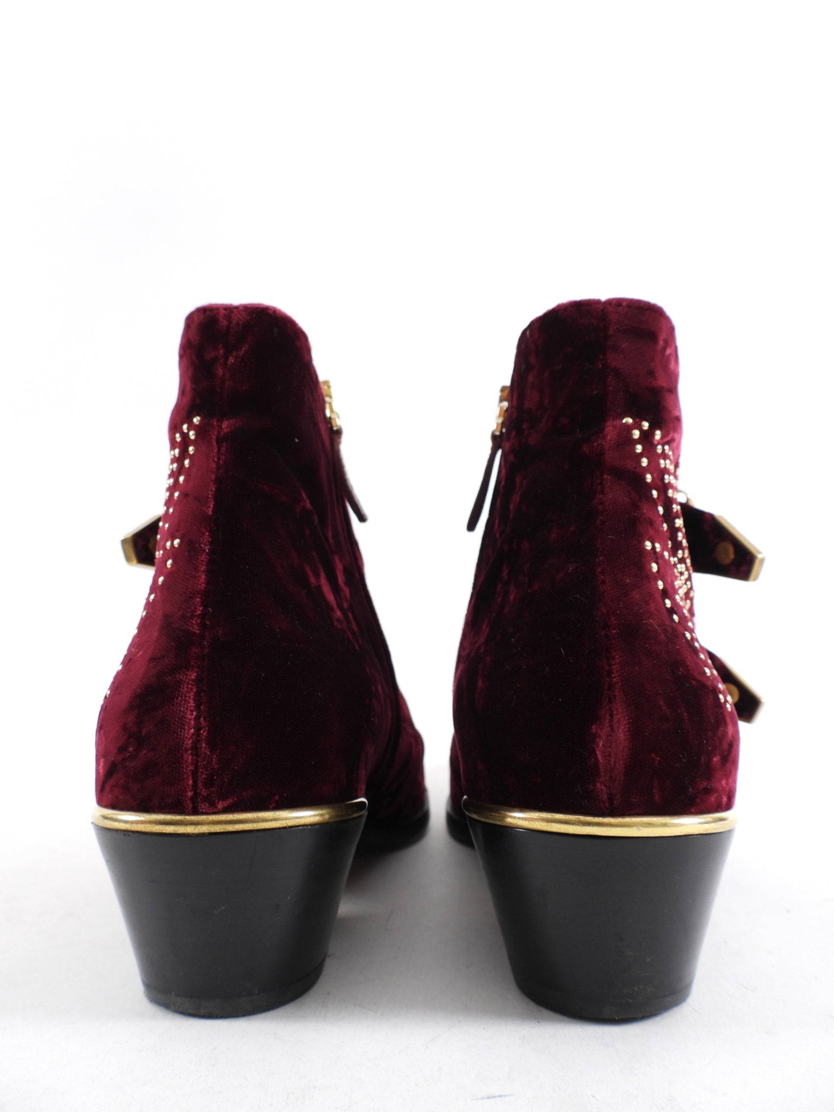 Chloe Susanna Burgundy Velvet Stud Ankle Boots Women's Size 38 - Stylish Fall & Winter Fashion for Parties, Dates & Night Out