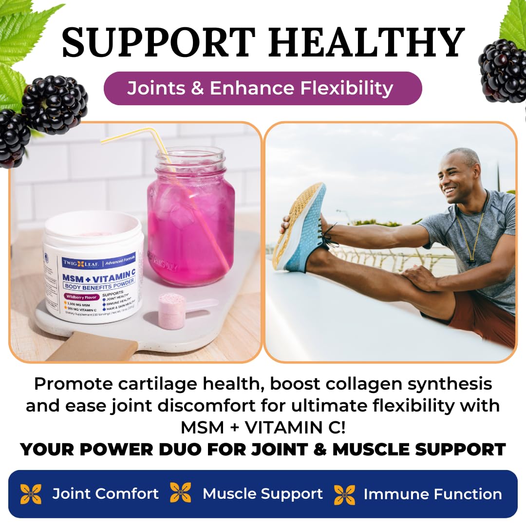 Twig & Leaf MSM + Vitamin C Powder for Hair Growth, Nail Strength & Joint Support | Wildberry Flavor | 30 Servings Non-GMO Gluten-Free Sulfur Supplement (7.9 Oz) | Perfect for Daily Wellness Routine & Active Lifestyle