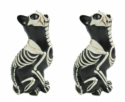 RiFHomDEc Day of The Dead Skeleton Statue Set - 2 Sugar Skull Cat Figurines for Halloween Decor, Dia de Los Muertos Altar Display & Gothic Home Decor