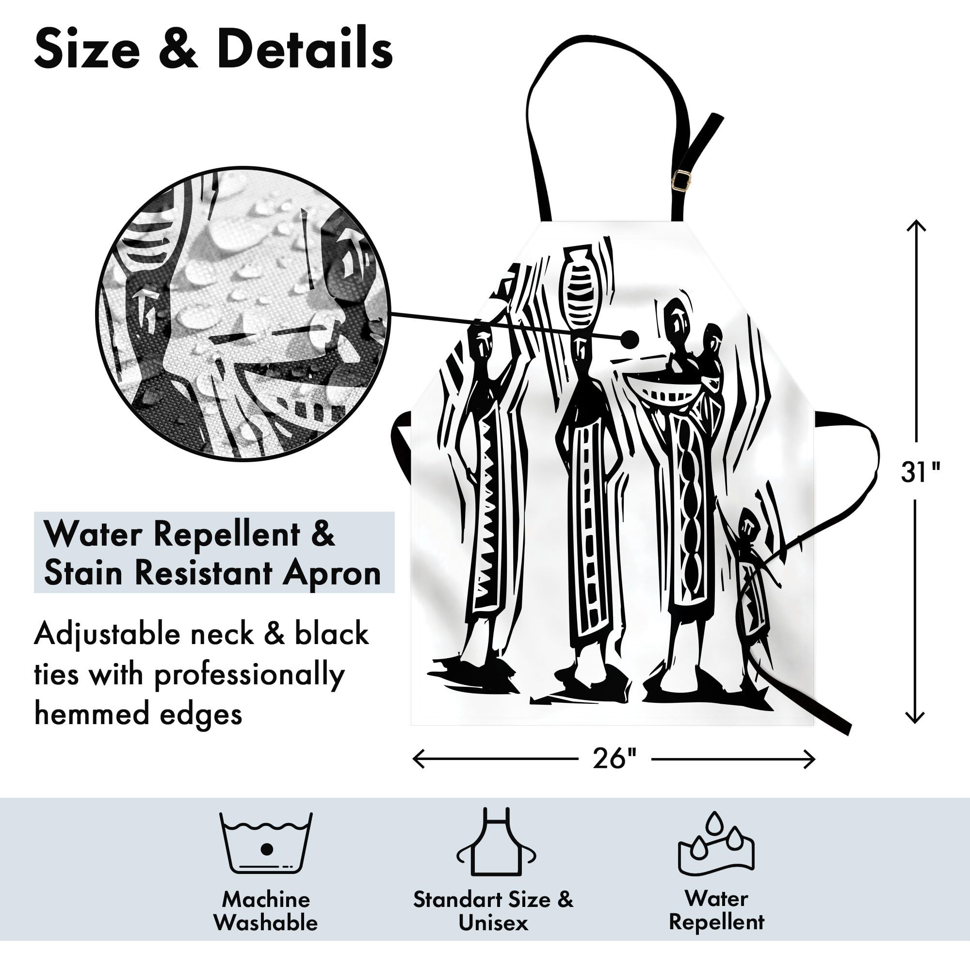 Lunarable Ethnic Apron - Traditional Baskets & Pots Design - Adjustable Unisex Kitchen Bib Apron for Cooking, Baking, Gardening - Black & White - Perfect for Home Chefs, BBQ Parties & Pottery Enthusiasts