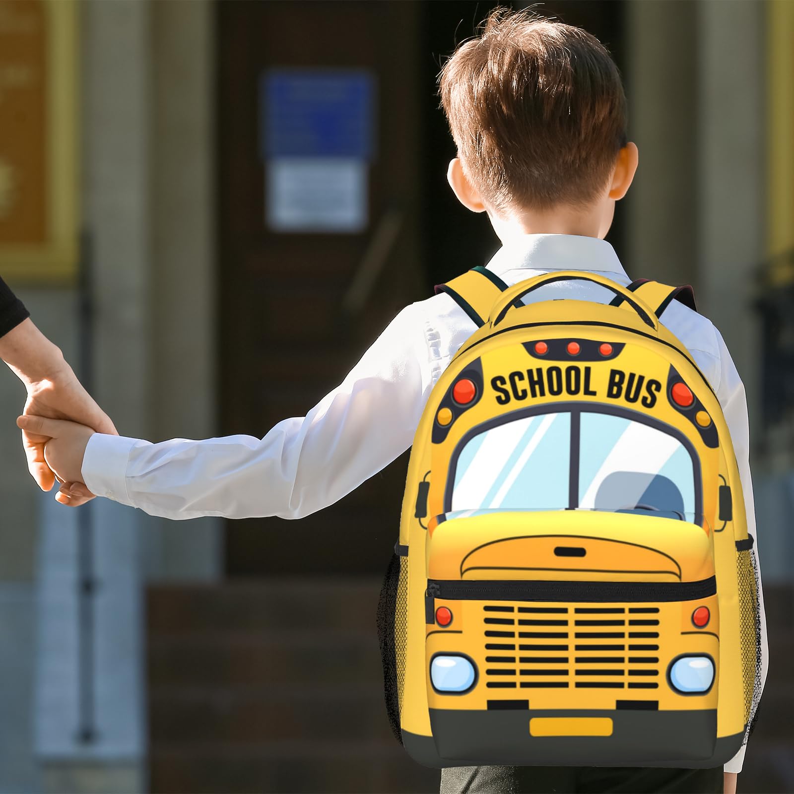 **Yellow Kids School Bus Backpack - Cartoon Pattern Bookbag for Boys & Girls - Durable Backpack for School, Travel & Daily Use**