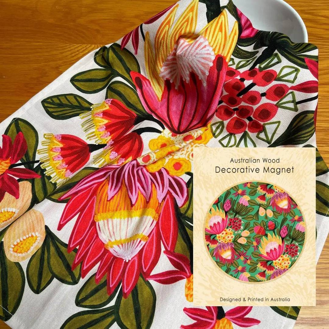 Festive Proteas Tea Towel & Wooden Fridge Magnet Gift Set - South African Floral Kitchen Decor - Perfect for Housewarming, Hostess Gifts & Holiday Decorations