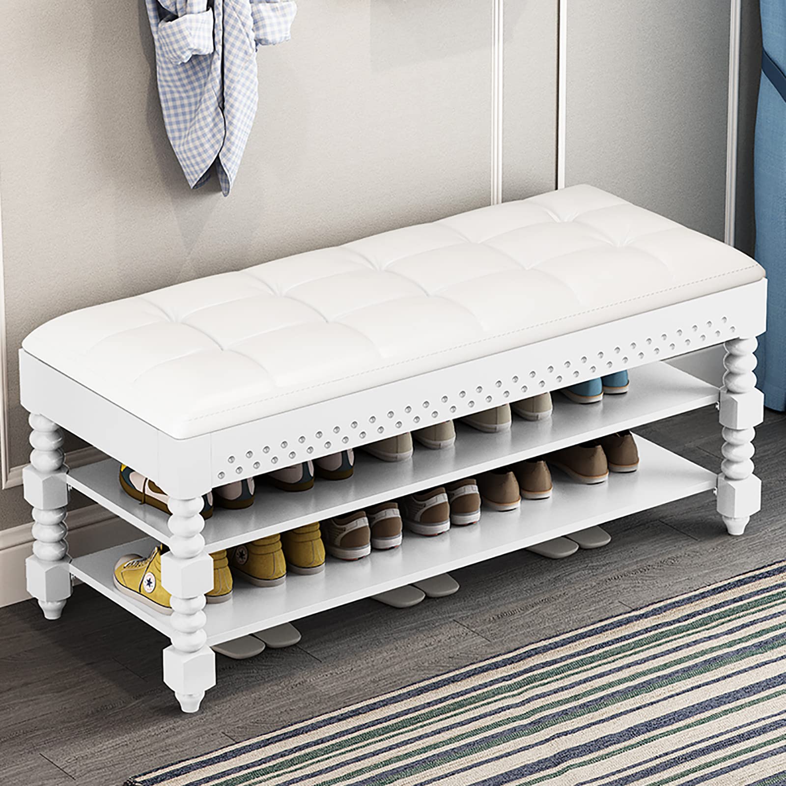 W&X Rustic Entryway Shoe Bench - 2-Tier Shoe Storage Organizer with Lift Top, Leather Upholstered Entry Bench with Acrylic Legs (60x30x48cm/24x12x19in) - Perfect for Hallway, Mudroom & Small Space Organization