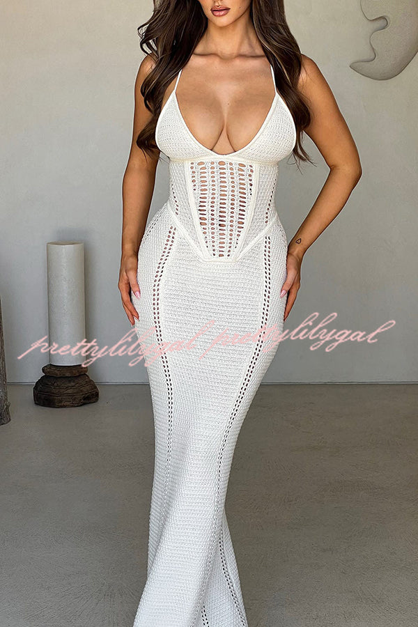 Elegant Knit Crochet Hollow Out Back Lace Up Stretch Maxi Dress for Women - Summer Beach Vacation & Boho Chic Outfit