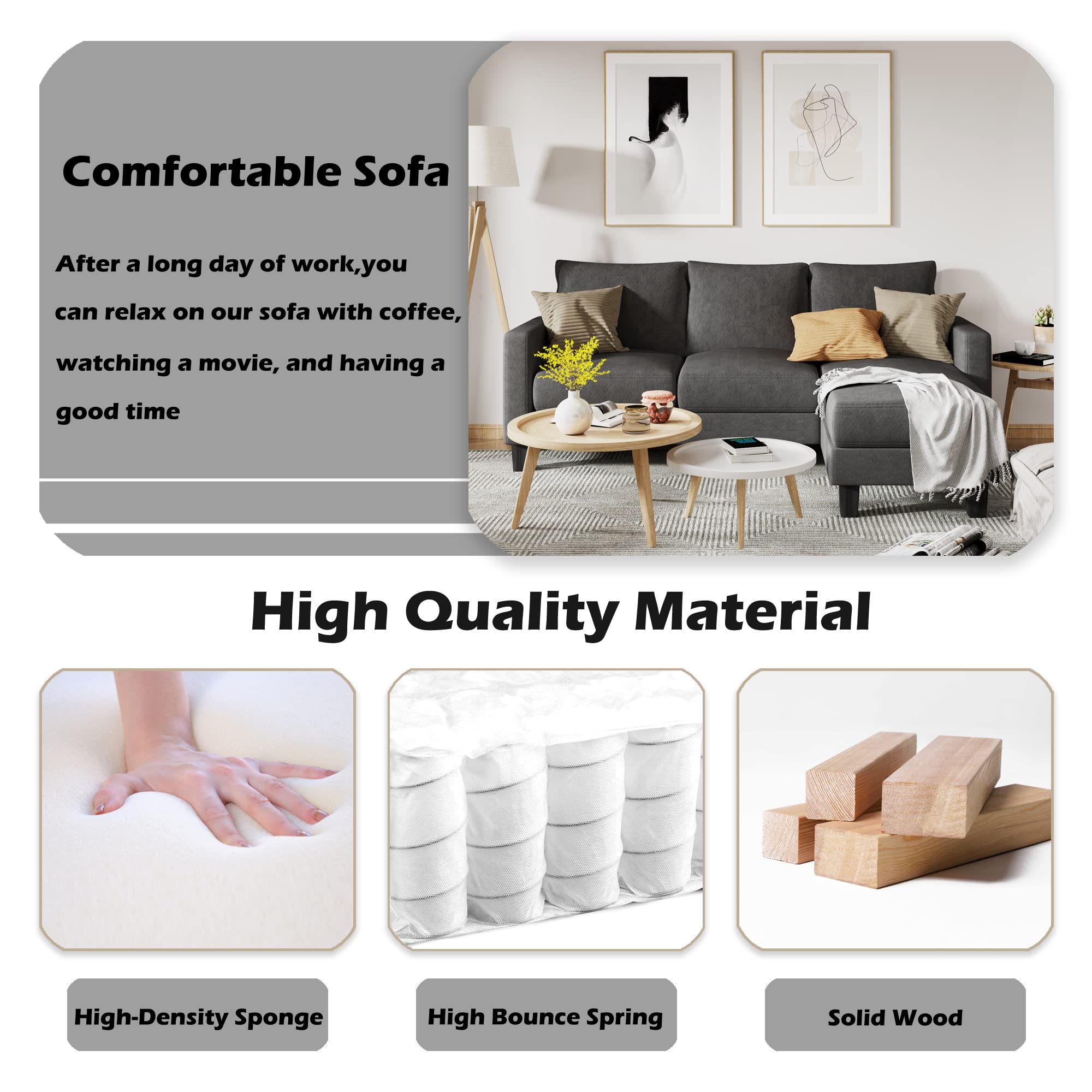 YESHOMY Convertible Sectional Sofa with Comfortable Backrest - Modern L-Shaped Couch with Cotton Fabric for Living Room, Dark Gray | Perfect for Small Spaces, Apartments & Home Theater Seating