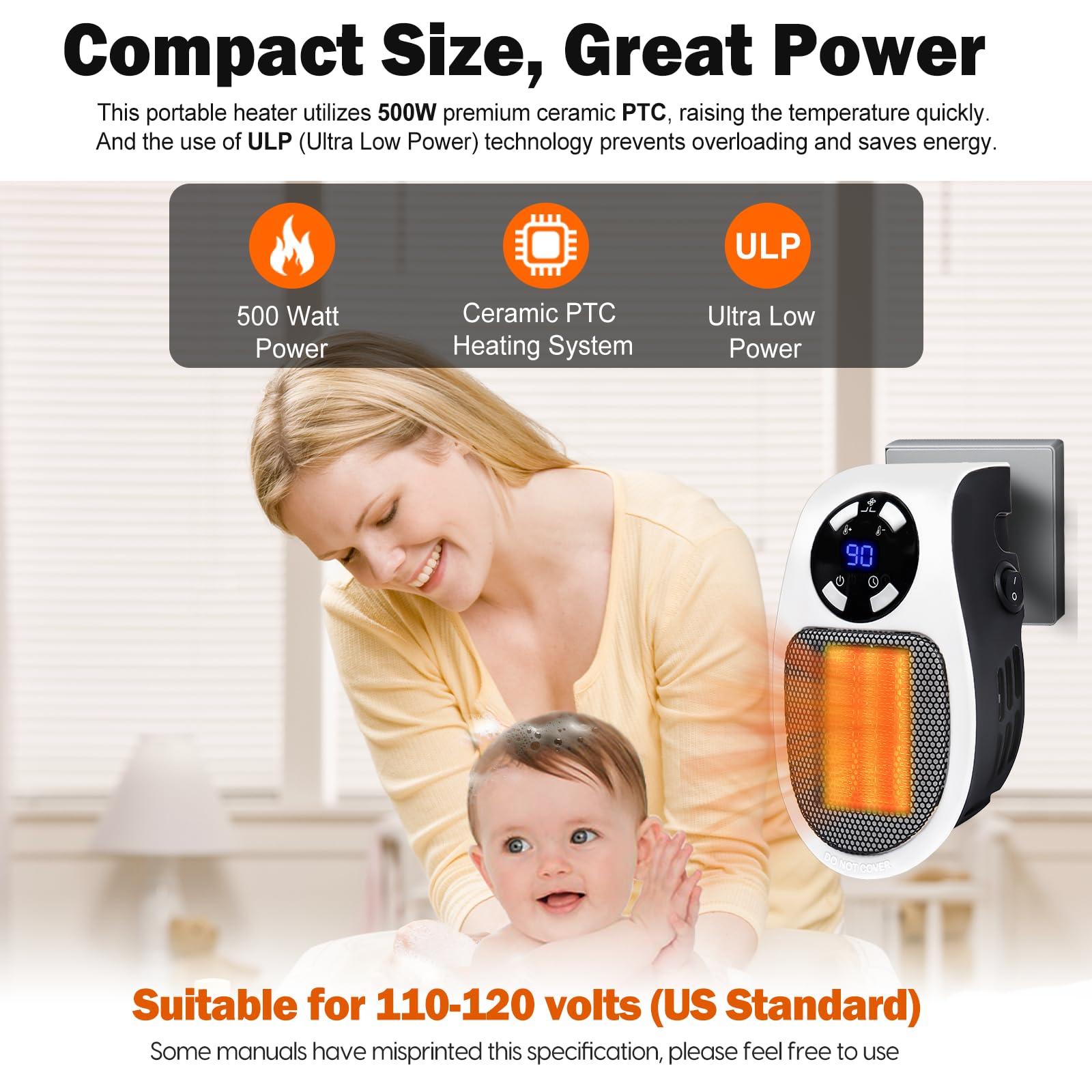 2025 Upgraded 500W Plug in Heater for Indoor Use - Ultra Air Heater with Thermal Protection, LED Display & Timer, Portable Space Heater for Bedroom, Bathroom, Office - Perfect for Winter Warmth & Energy Saving