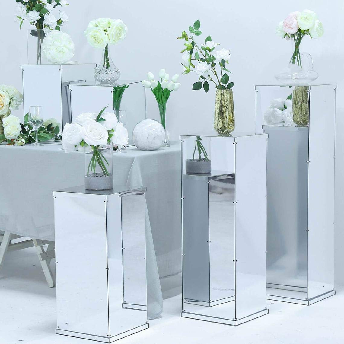 Set of 5 Silver Acrylic Pedestal Risers - Clear Display Box for Floral Arrangements, Centerpieces & Cake Stands | Perfect for Weddings, Events & Home Decor