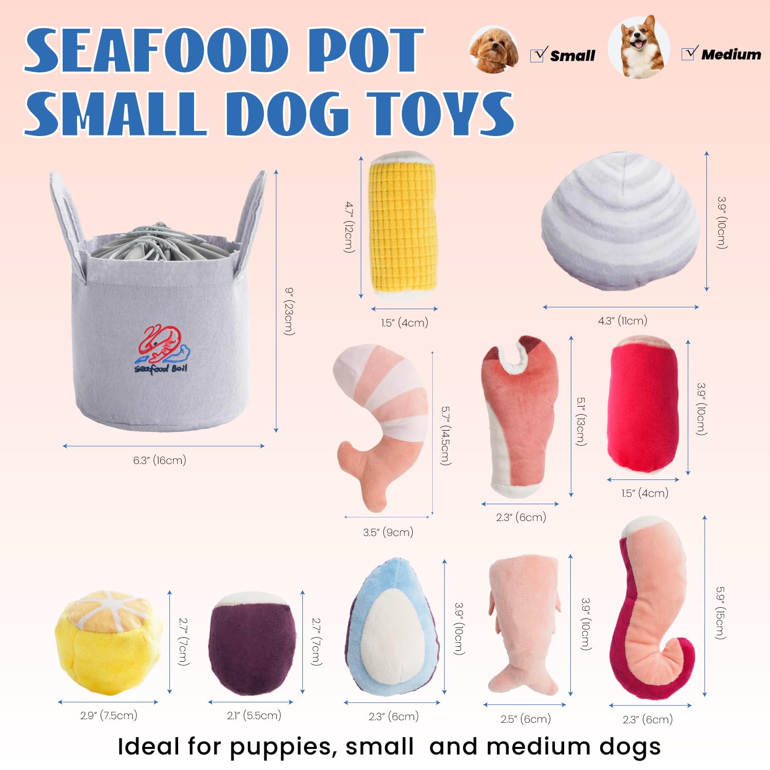 10 PCS Seafood Boil Crinkle Squeaky Dog Toys - Plush Stuffed Puppy Chew Toys for Small & Medium Dogs - Perfect for Boredom Relief, Teething & Interactive Playtime at Home or Outdoors