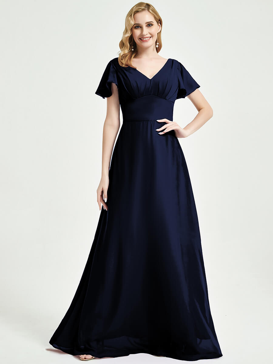 Elegant Dark Navy Backless Chiffon Bridesmaid Dress with Ruffle Sleeves & Empire Waist - Perfect for Weddings, Formal Events & Evening Parties