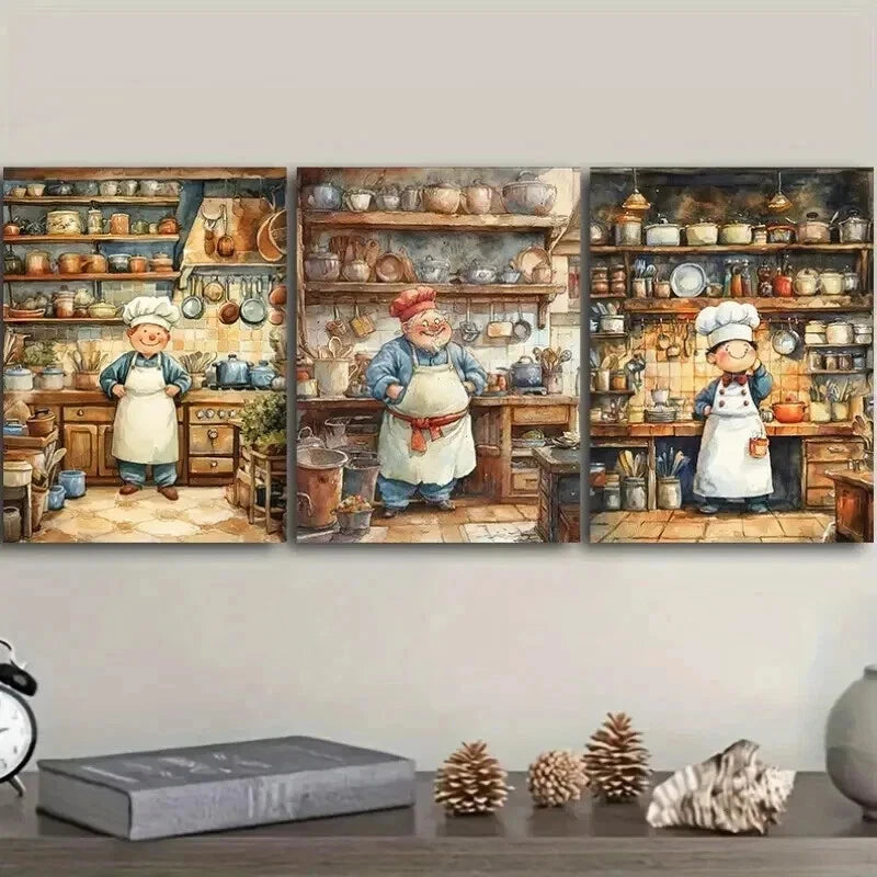 3-Piece Whimsical Chef Wall Art Set - Framed Canvas 50x70cm - High Quality Print - 100% Australian Made - Ready to Hang - Perfect for Kitchen Decor & Restaurant Wall Art
