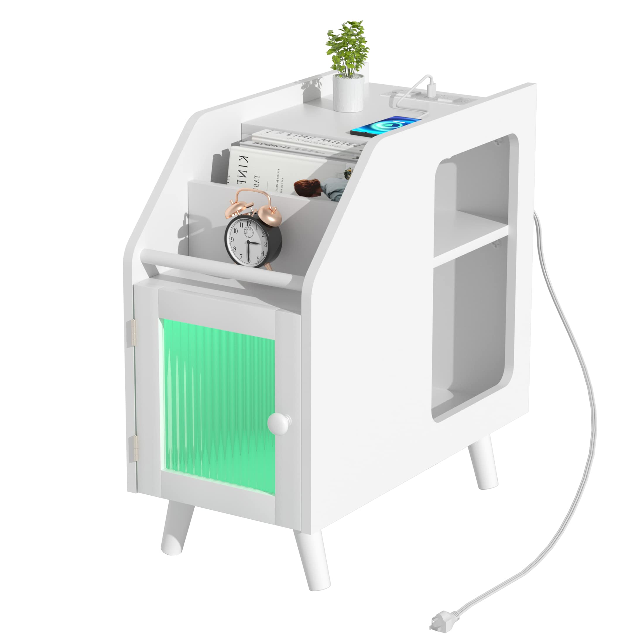 White Narrow Nightstand with Charging Station, USB Ports & Outlets - LED Light Bedside Table with Storage Cabinet for Small Spaces | Perfect for Bedroom, Living Room & Dorm Use