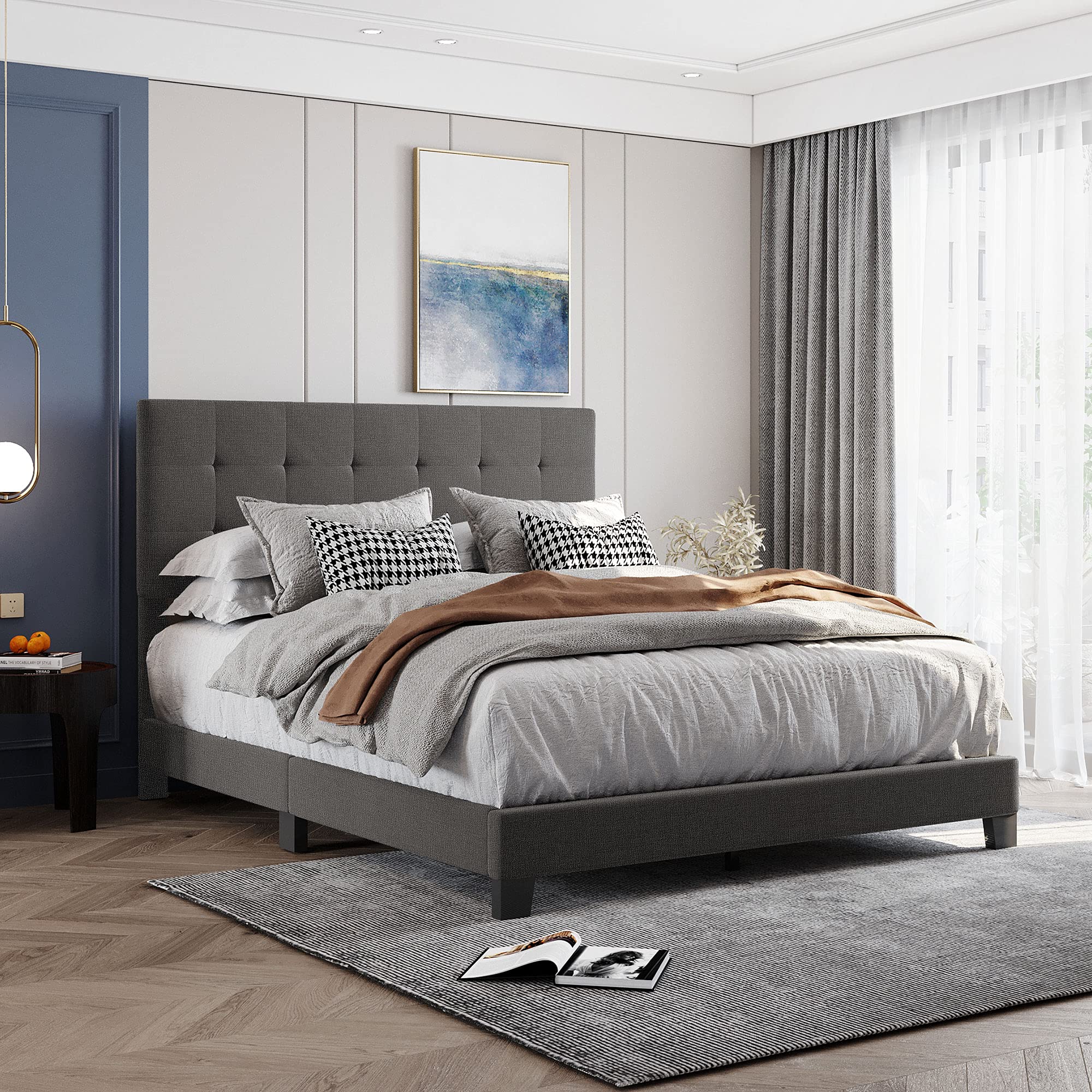 Queen Size Upholstered Platform Bed Frame with Tufted Headboard - Modern Upholstered Bed with Wood Slat Support, No Box Spring Needed, Easy Assembly (Gray) | Perfect for Master Bedrooms, Guest Rooms & Small Spaces