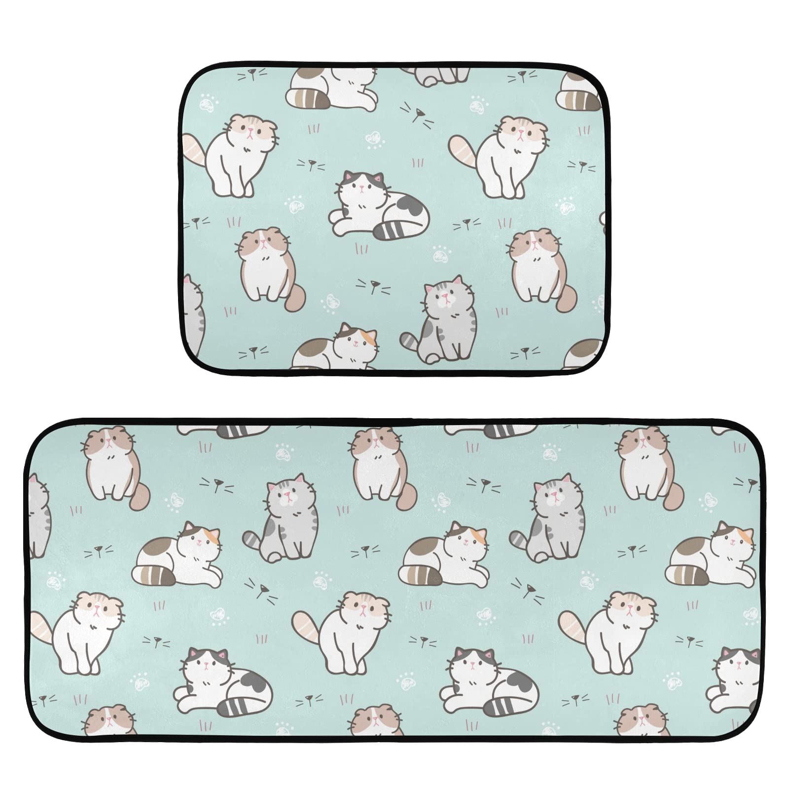 Pastel Green Cartoon Cat Anti-Fatigue Kitchen Mat Set of 2 - Non-Slip Washable Foam Cushioned Floor Mats for Kitchen, Laundry & Home Decor - Comfortable Standing Rugs for Cooking, Dishwashing & Housework