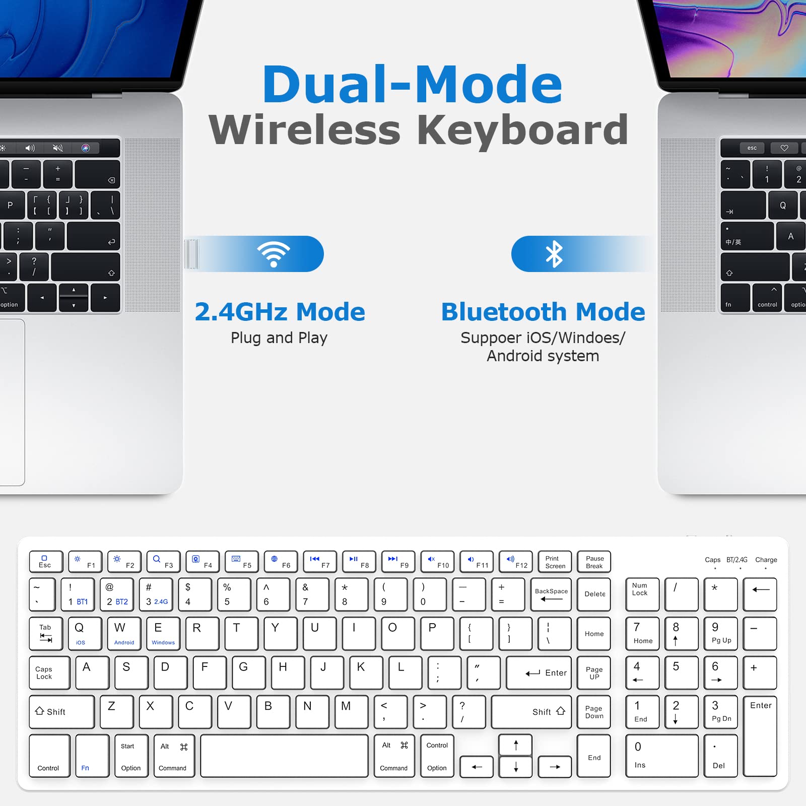 Wireless Bluetooth Keyboard with Number Pad - Full-Size Quiet Computer Keyboard for iPad 10.2 (9th/8th/7th Gen), iPad Air 5th/4th Gen, iPad Pro 11/12.9, iPad 10.5/9.7 & iPad Mini - 2.4G Wireless & Bluetooth Dual Mode - White | Perfect for Office, Home & Travel Use