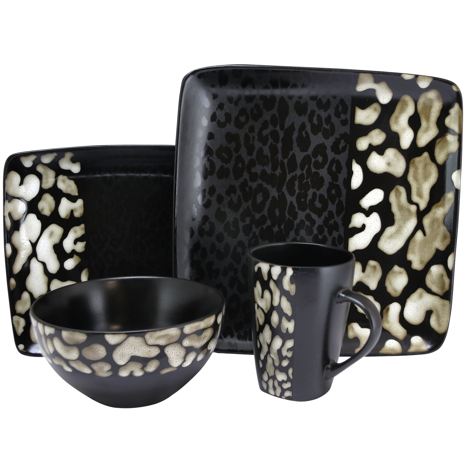 Elama Square Stoneware Dinnerware Set - 16-Piece Matte Black Cheetah Print Plates, Bowls & Mugs - Durable Stoneware for Everyday Use, Dinner Parties & Modern Kitchen Decor