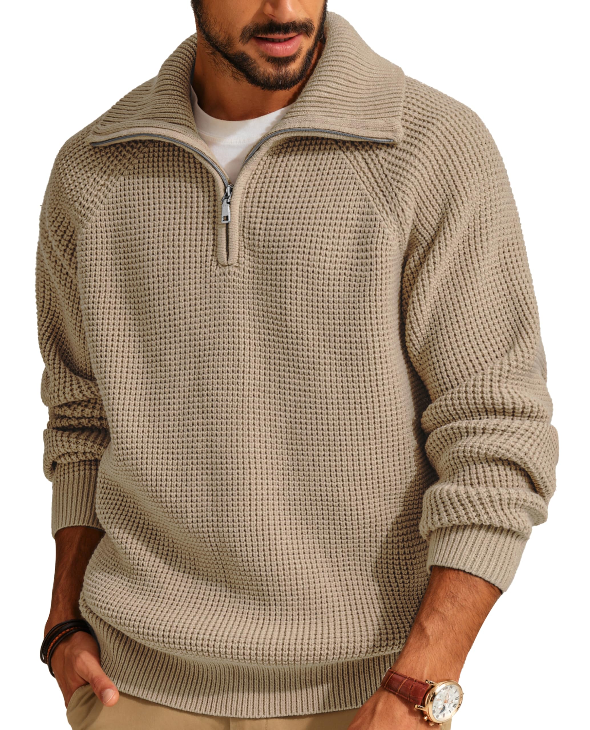PJ PAUL JONES Men's Quarter Zip Pullover Sweater - Waffle Knit Textured Casual Loose Fit Oversized Sweatshirt - Perfect for Fall Winter Layering & Outdoor Activities