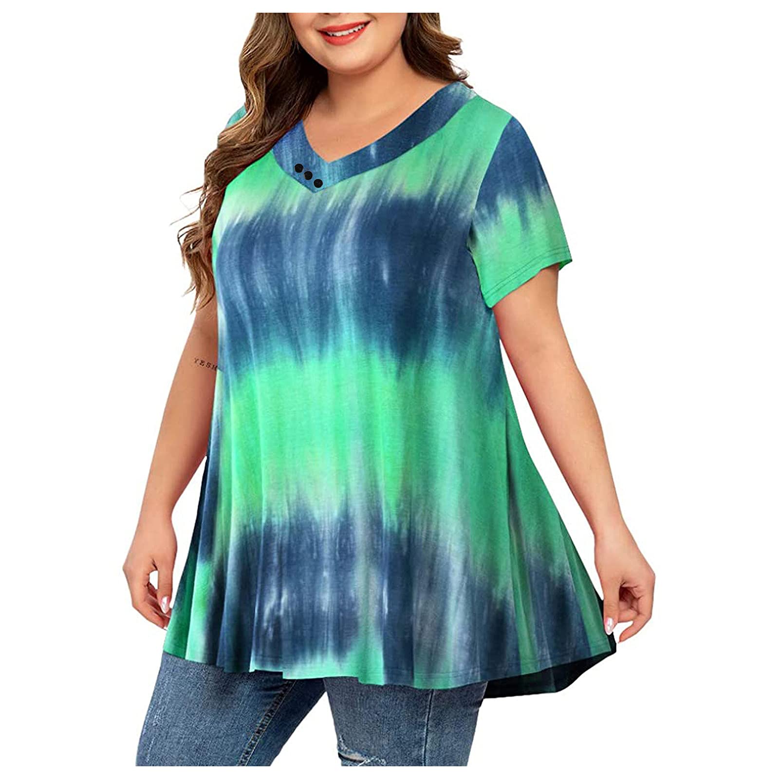 Women's Plus Size Summer T-Shirt - Short Sleeve Tie Dye V-Neck Blouse with Pleated Hem & Flowy Fit | Casual Wear, Beach Outfits, Vacation Style