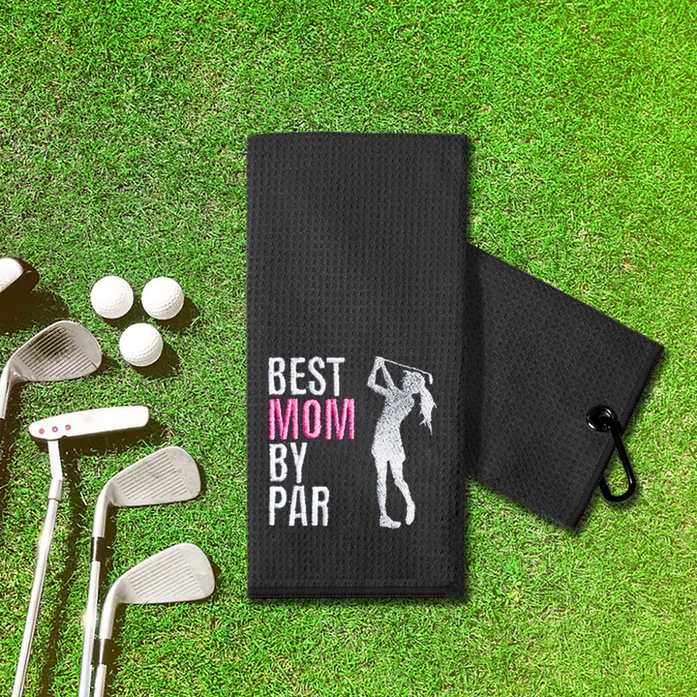 Funny Golf Towel Gift for Women - Best Mom by Par Embroidered Golf Towel with Clip - Perfect Retirement Gift for Female Golfers & Golf Bag Accessory - Great for Courses, Driving Range & Club Tournaments