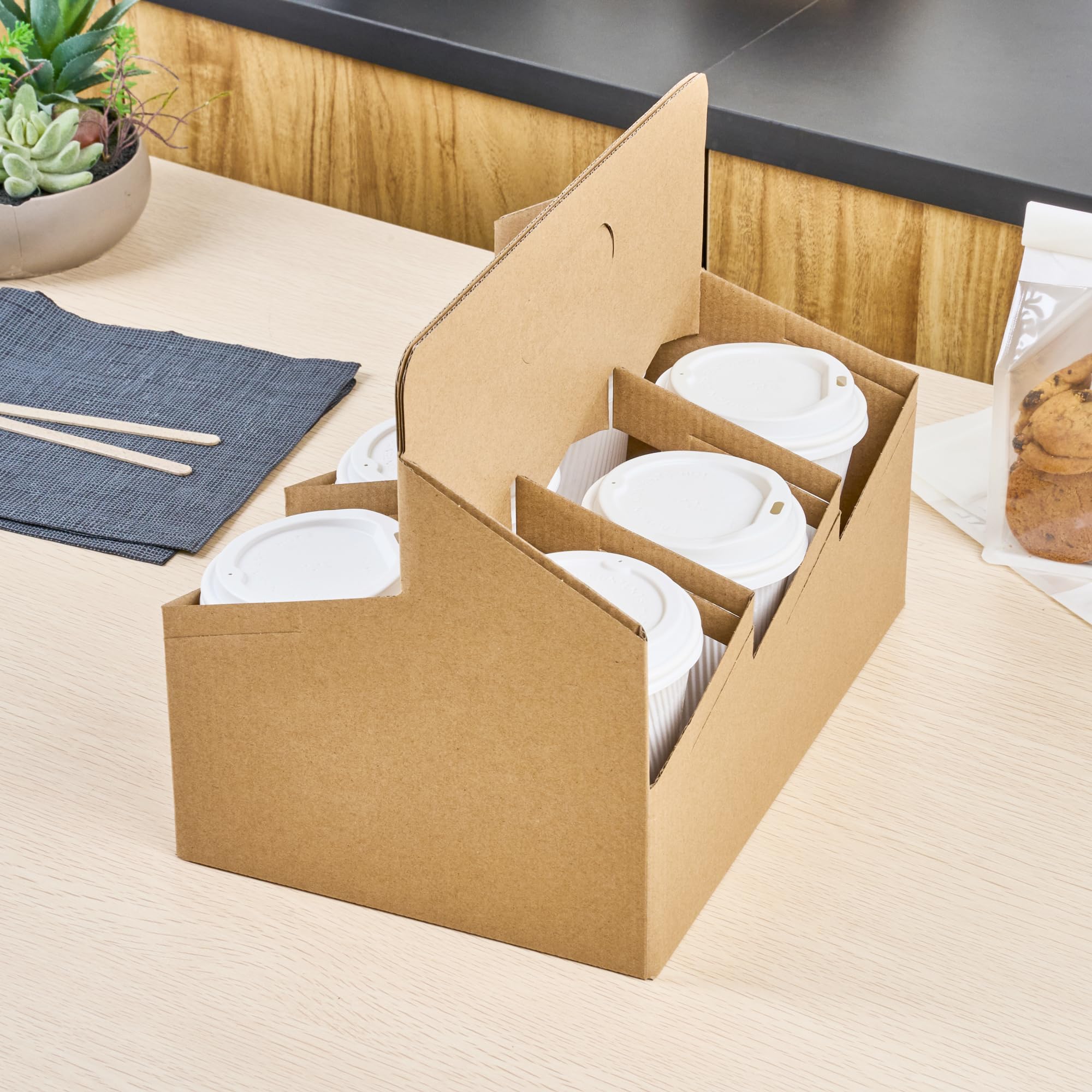 Restaurantware Altalena 100-Pack Disposable Drink Carriers with Handles - Kraft Paper Cup Holders for 6 Beverages | Perfect for Coffee Delivery, Takeout, and Catering Services