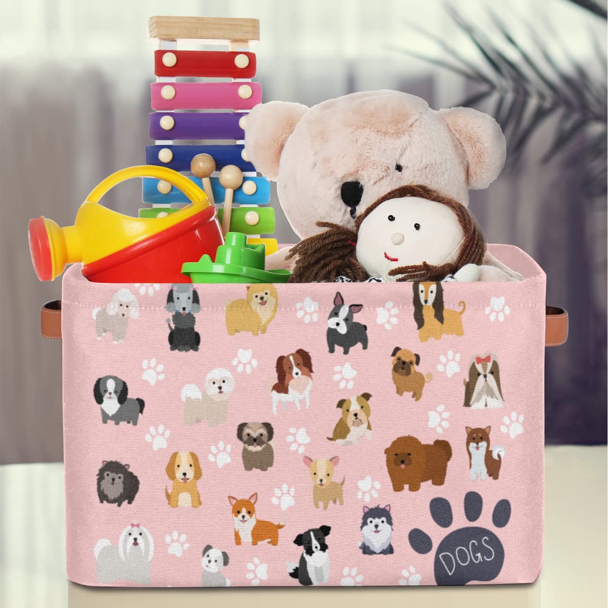 Cute Pink Dog Storage Baskets with Handles - Collapsible Rectangular Fabric Toy Organizer Bin for Closet, Shelf, Laundry, Nursery & Kids Bedroom (15x11x9.5 Inches) - Perfect for Home Organization & Pet Toy Storage