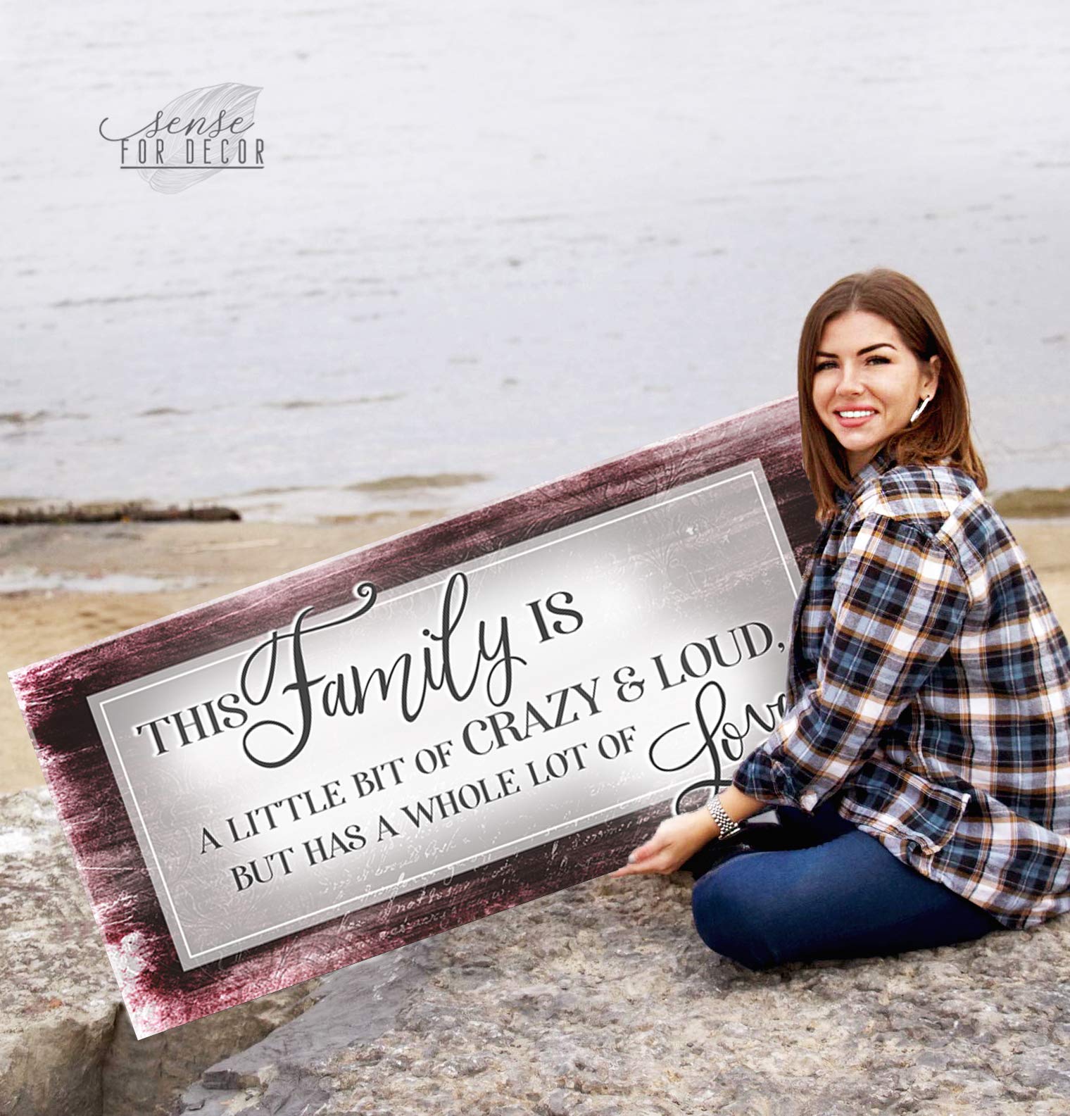 Family Sign Wall Art - Large Canvas Home Decor for Living Room & Farmhouse - 'This Family Is A Little Bit Crazy' Funny Quote (60x27 Inches, Red Wine) - Perfect for Housewarming Gifts & Rustic Interior Design