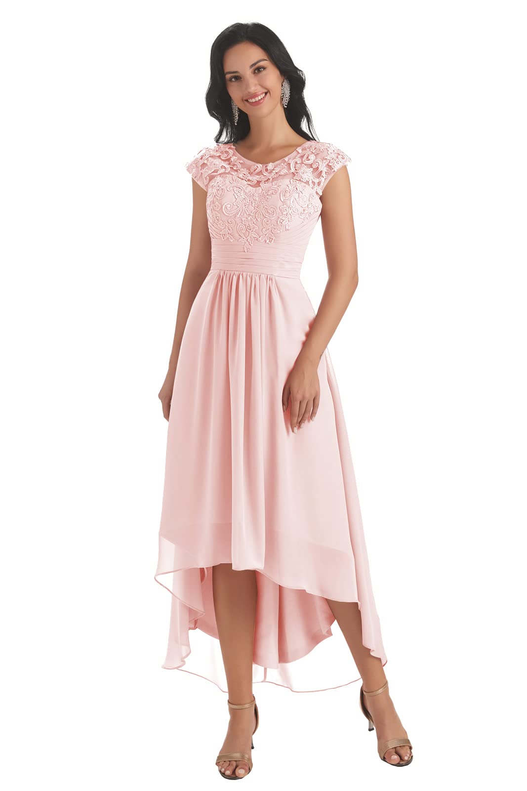 Elegant Tea Length Mother of The Bride Dress with Pockets - 2022 Lace Appliques Chiffon High-Low Formal Gown for Weddings, Rehearsal Dinners & Special Occasions
