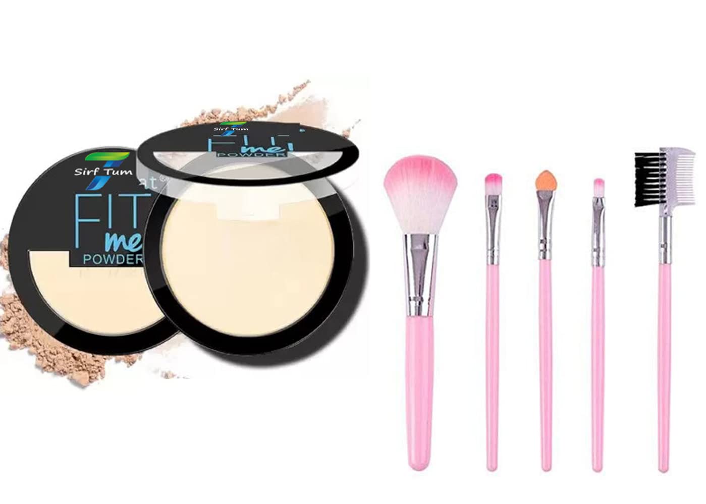 SIRF TUM 7 FITME Oil Control Compact Powder - Poreless Matte Finish, Absorbs Excess Oil, 5-Piece Brush Set, Pink Natural Look Makeup | Perfect for Daily Wear, Touch-Ups & Long-Lasting Shine Control