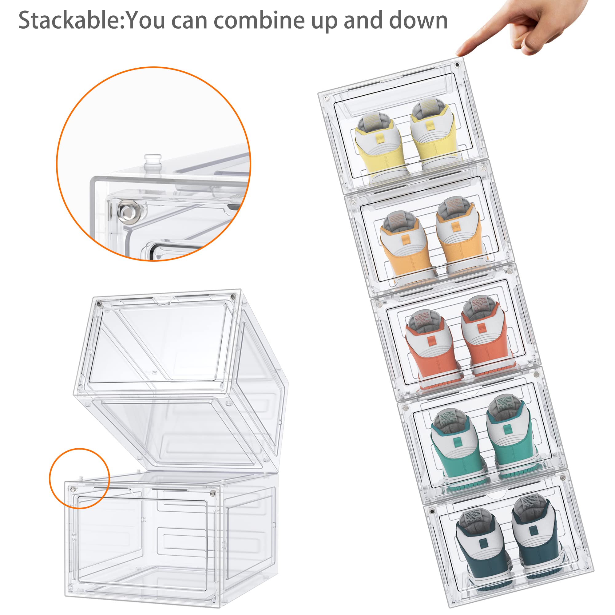 HOMIDEC 6-Pack Clear Hard Plastic Shoe Storage Boxes with Lids - Stackable Shoe Organizer for Size 13, Transparent Shoe Boxes for Closet, Bedroom & Entryway Organization