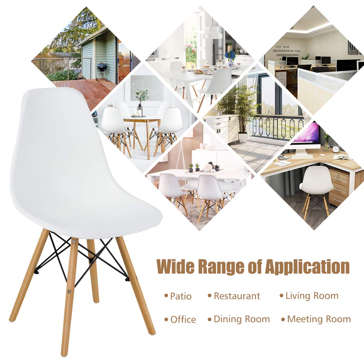 GOFLAME DSW Dining Chairs Set of 4 - Modern Plastic Shell Chairs with Wooden Legs, Armless Eiffel Style Side Chairs with Ergonomic Backrest - Perfect for Kitchen, Dining Room, Living Room & Bedroom - White