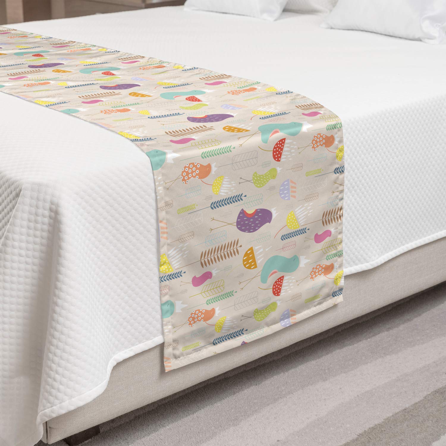 Ambesonne Cartoon Bed Runner - Funny Crown Birds Doodle with Flowers Design, Decorative Accent Bedding Scarf for King Size Beds | Perfect for Hotels, Homes & Guestrooms in Pale Tan & Multicolor | Adds Whimsical Charm to Bedroom Decor