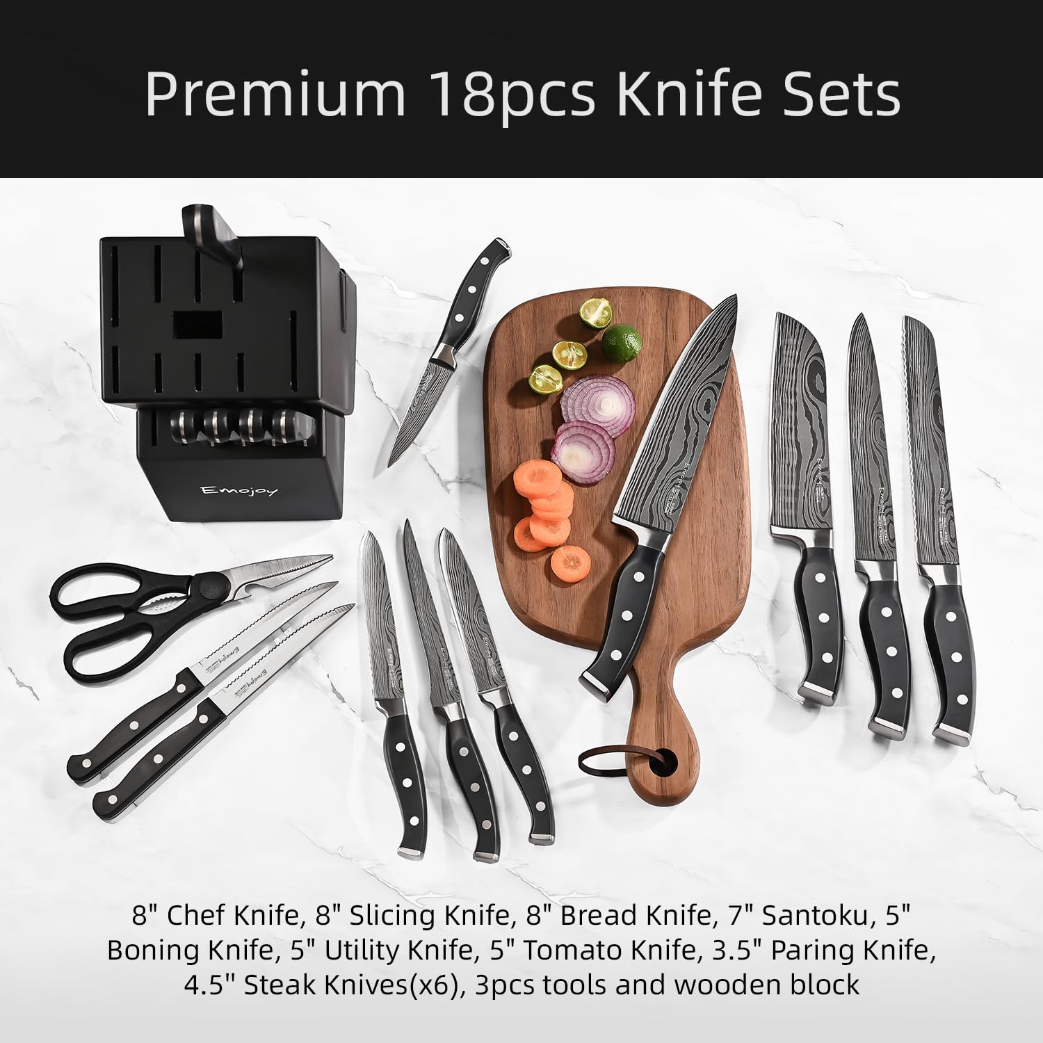 Emojoy 18-Piece Stainless Steel Knife Set with Block - Kitchen Knives with Built-in Sharpener, Shears & Carving Fork - Black | Perfect for Home Chefs, Cooking Enthusiasts & Professional Kitchens