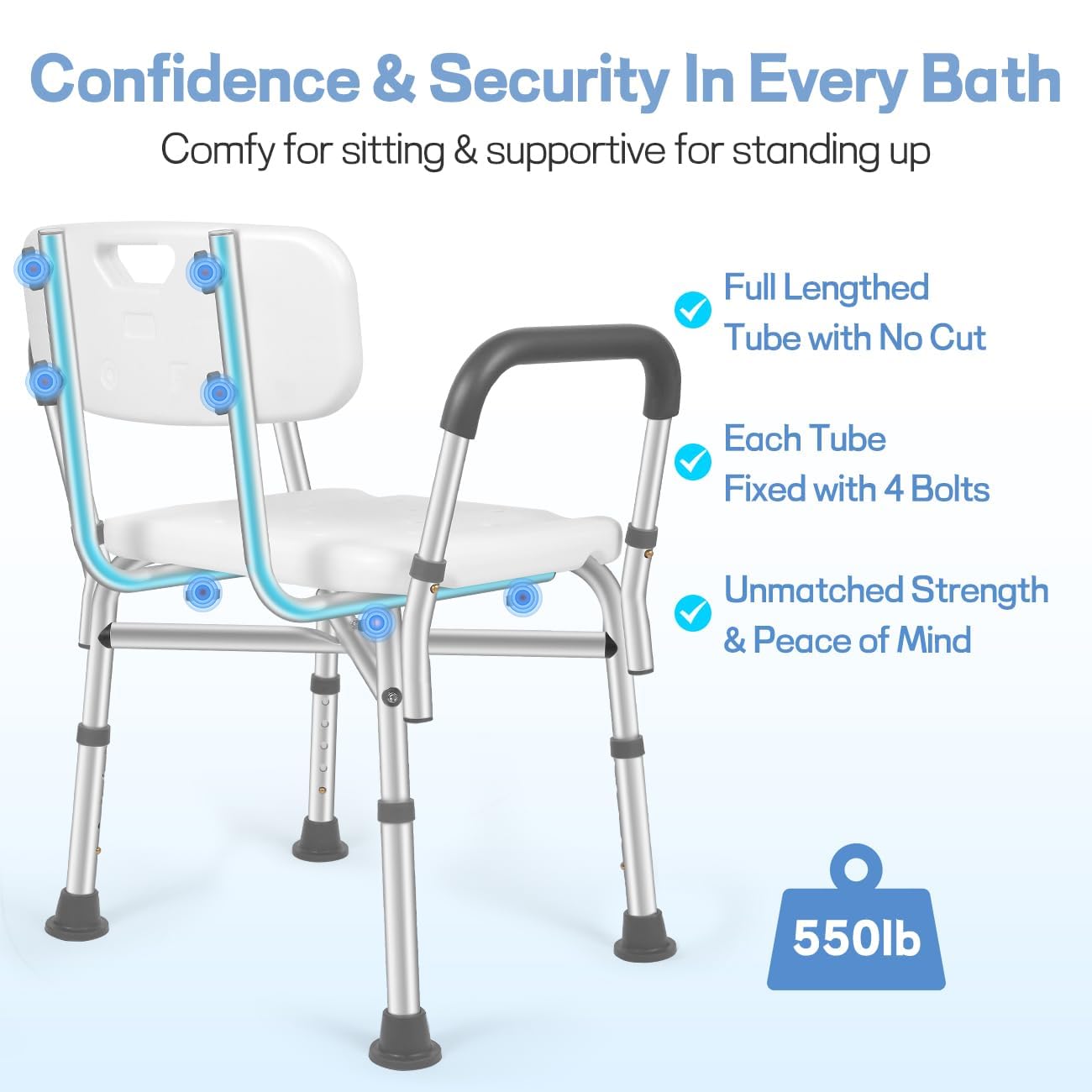 TABEKE Adjustable Shower Chair with Backrest & Padded Armrest - 500lb Capacity Compact Bath Seat for Elderly & Disabled - FSA/HSA Eligible Non-Slip Shower Bench with Suction Cups - Perfect for Safe Bathing & Handicap Accessibility in Home Bathrooms