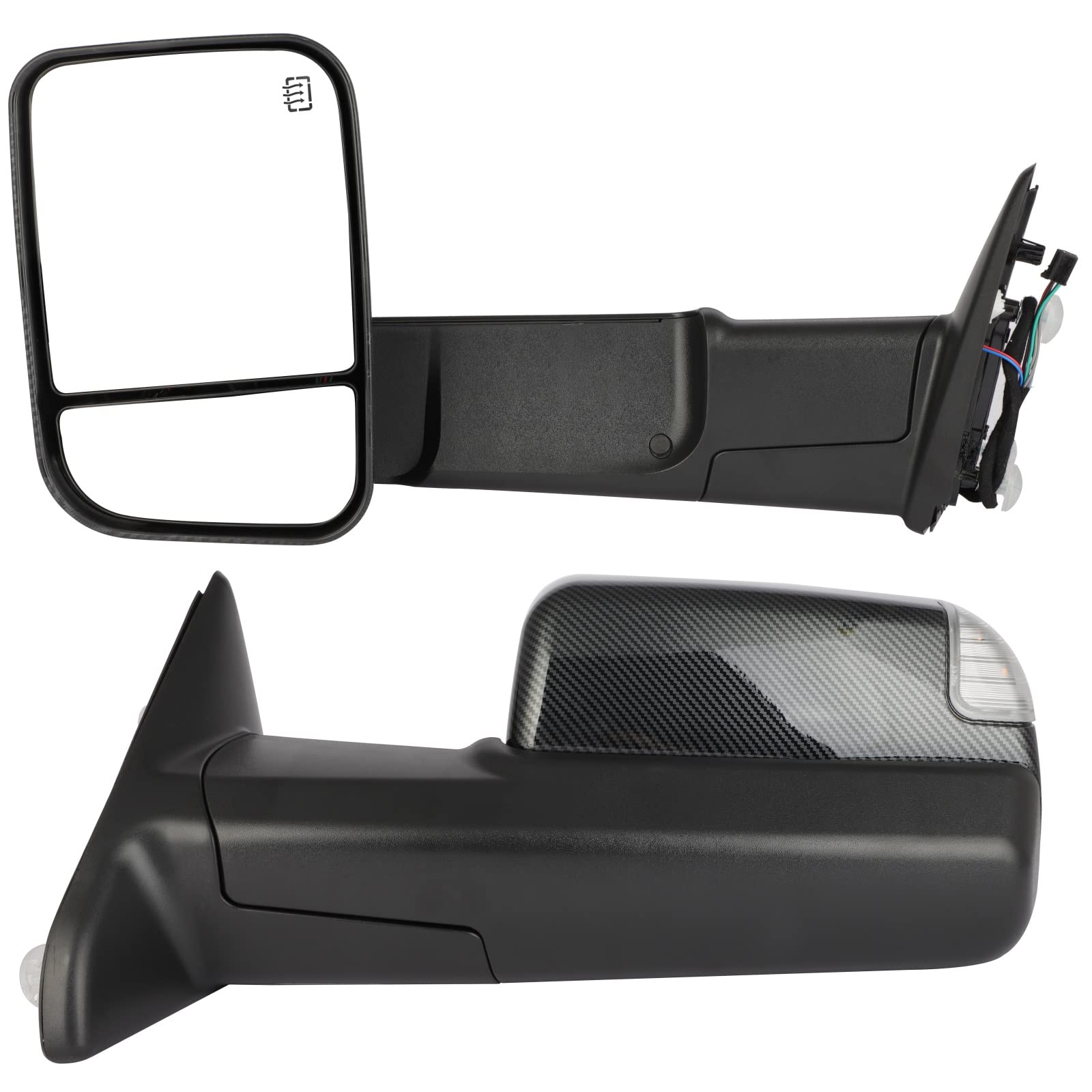 Power Heated Towing Mirrors for Dodge Ram 1500/2500/3500 (2009-2016) - Left & Right Side with Turn Signal & Puddle Lamp - Black Carbon Fiber Pair - Perfect for Towing, Night Driving & Off-Road Adventures