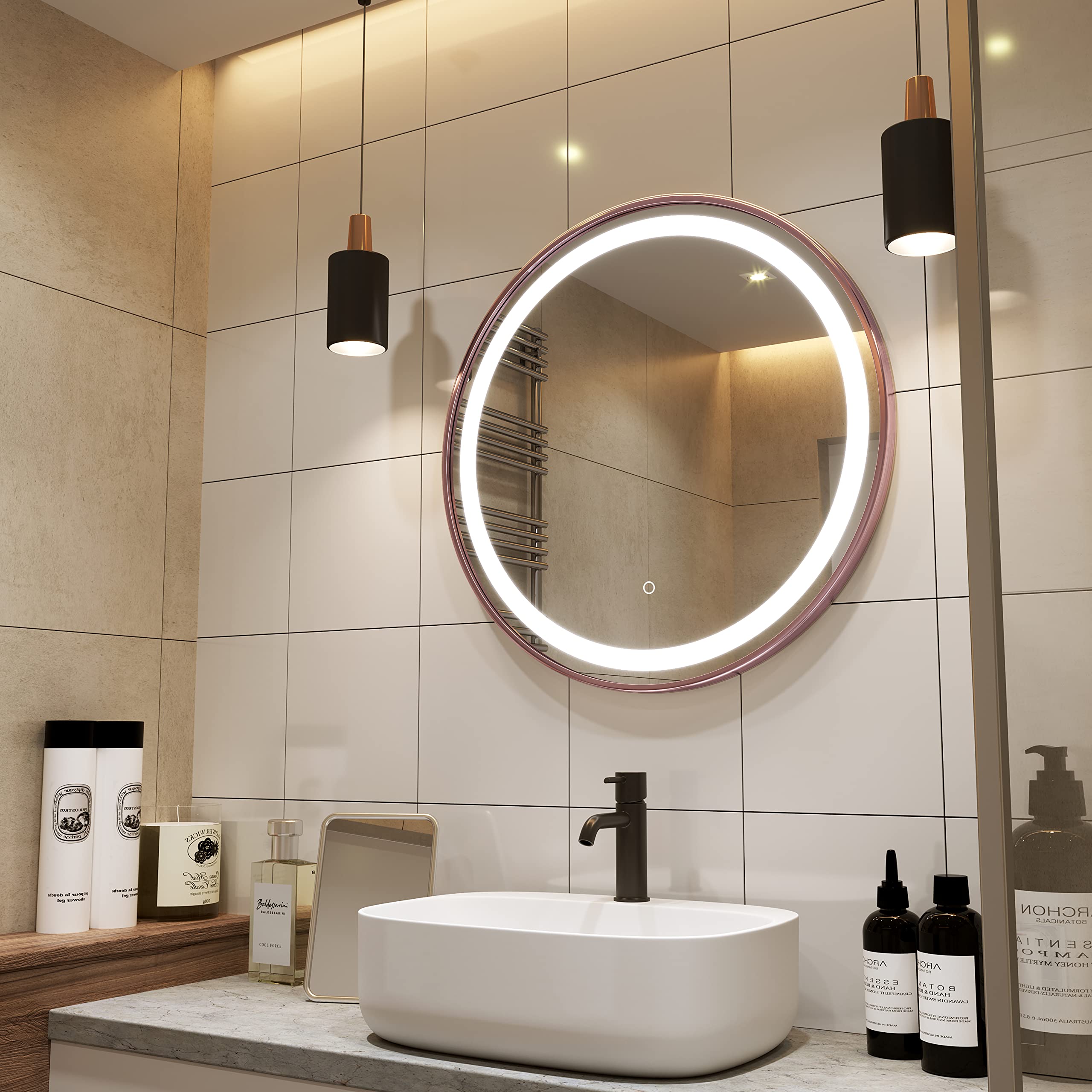 PetusHouse 24 Inch Rose Gold Round LED Bathroom Mirror with Dimmable Memory Button - 4069 Lumen Wall Mounted Vanity Mirror, Waterproof & Shatterproof for Bathroom, Bedroom, and Dressing Room Makeup Application