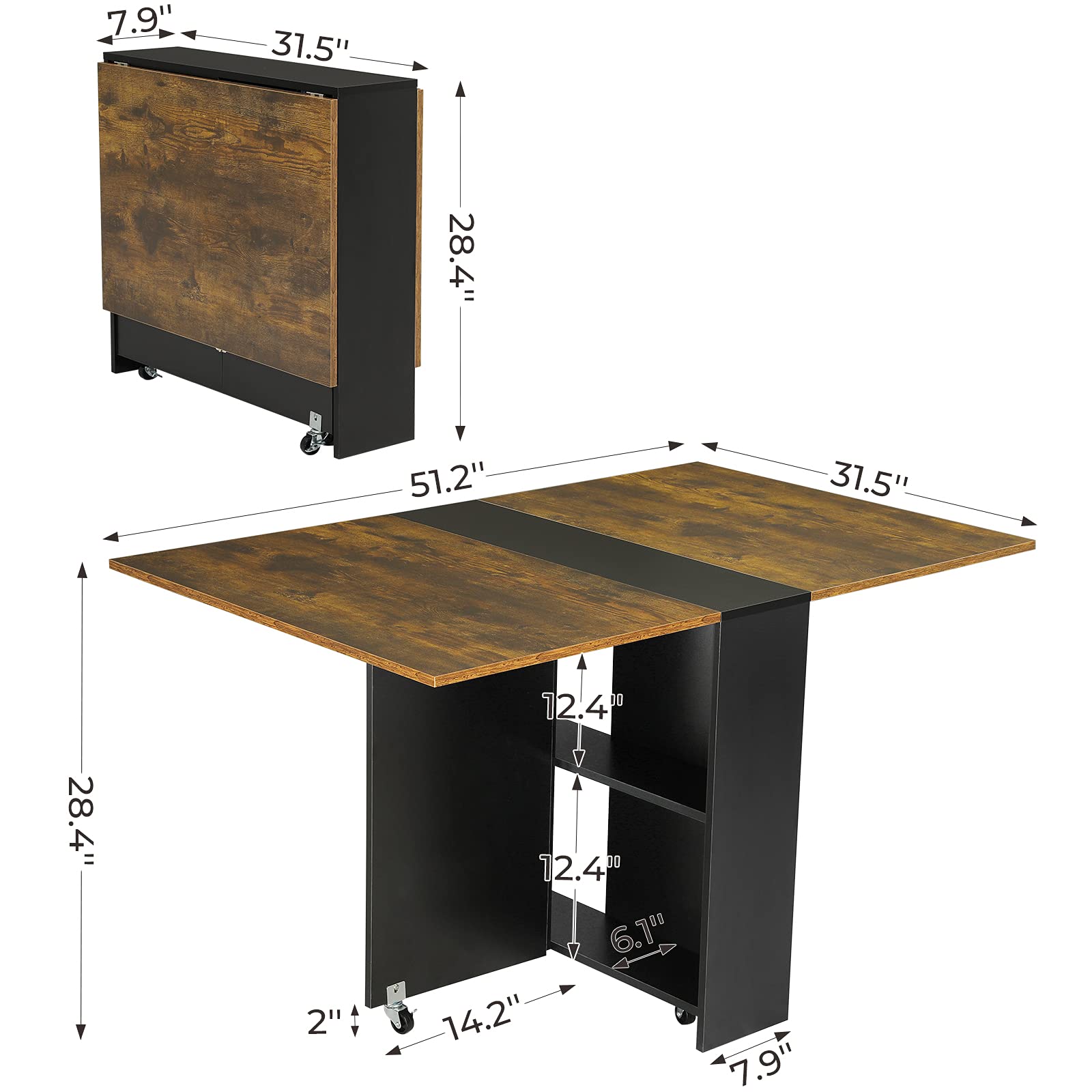 Tiptiper 6-Wheel Folding Dining Table with 2-Tier Storage Shelf - Space Saving Kitchen Table for Small Apartments, Rustic Brown & Black - Perfect for Compact Living Rooms, Studio Apartments & Dorm Rooms