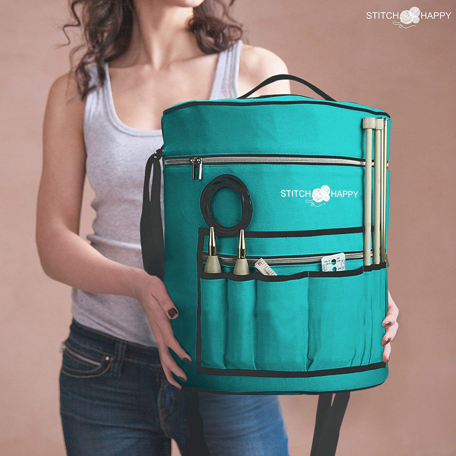 XL Knitting Bag with 7 Pockets - Peacock Design Yarn & Crochet Storage Organizer for Crafters | Perfect for Needlework, Knitting Projects & Travel Accessories
