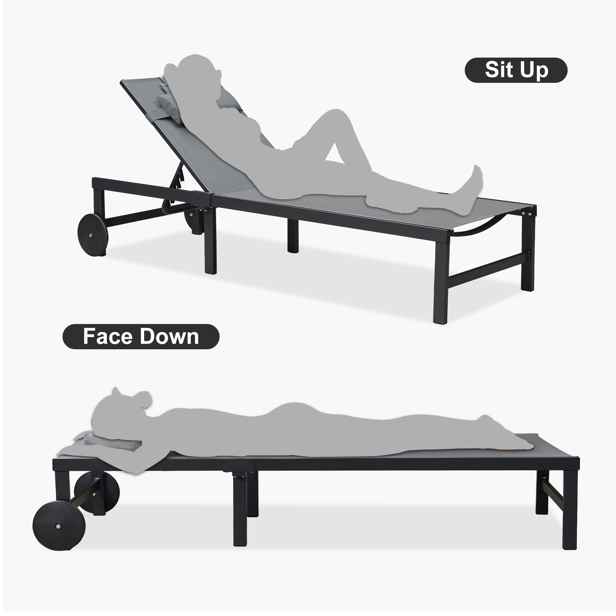 PURPLE LEAF Adjustable Reclining Outdoor Lounge Chair Set with Face Hole - Patio Sunbathing Lounger for Poolside, Beach & Backyard - Includes Wheels, Pillows & Table - Durable Aluminum Frame (Grey) - Perfect for Relaxing, Tanning and Outdoor Lounging