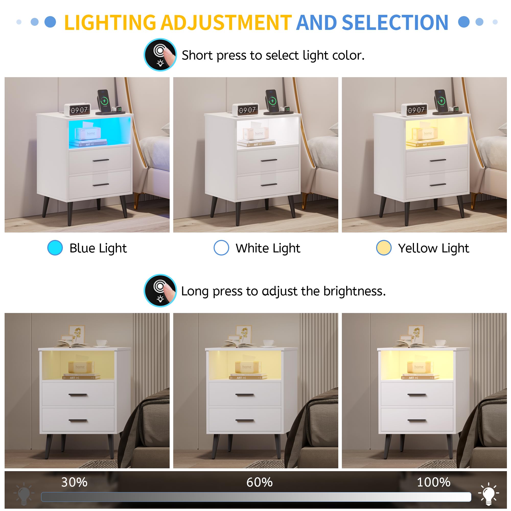 LVSOMT Modern LED Nightstand with USB Charging Station, Dimmable Touch Control & Motion Sensor - White Bedside Table with Drawers & Open Shelves, Metal Legs - Perfect for Bedroom, Guest Room & Small Spaces