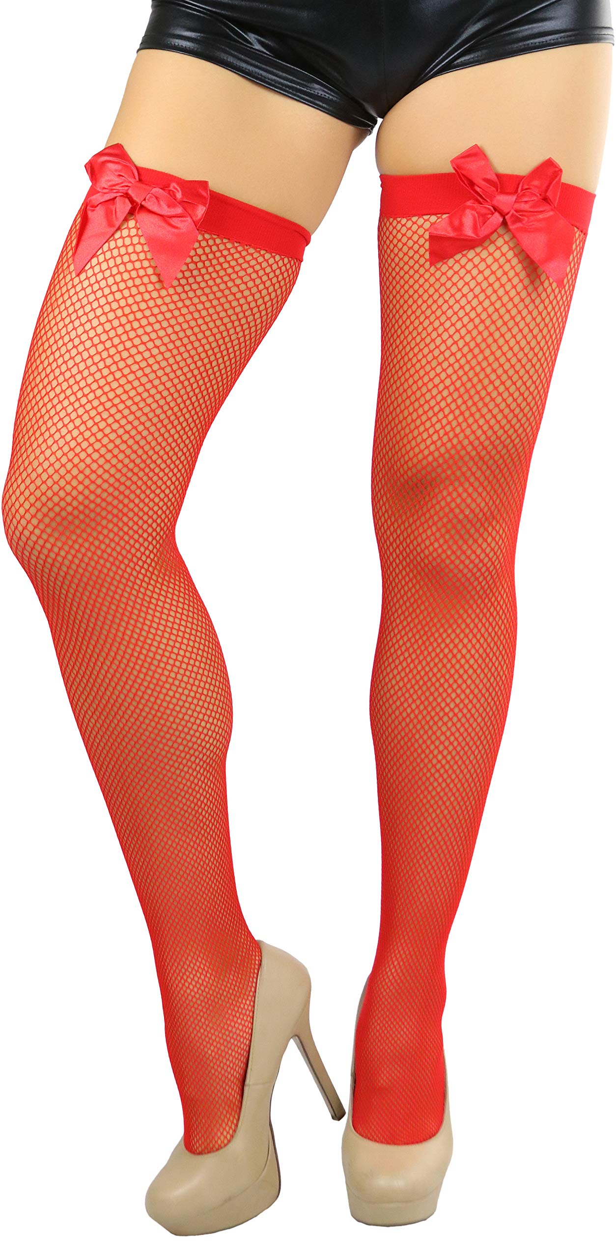 ToBeInStyle Women's Sexy Fishnet Thigh High Stockings with Satin Bow - Perfect for Valentine's Day, Cosplay & Evening Outfits