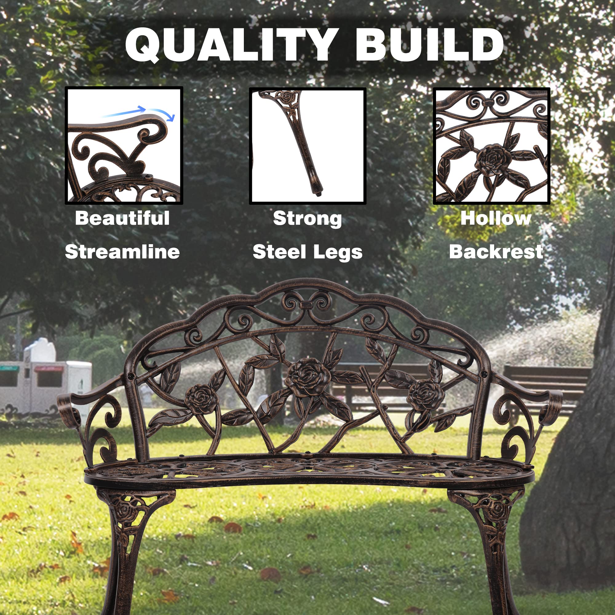 Sturdy Metal Outdoor Bench with Armrests - Elegant Floral Rose Accent Garden Bench for Patio, Porch, Park - Durable Bronze Finish for Indoor/Outdoor Use - Perfect for Relaxing in Gardens, Backyards, and Public Spaces