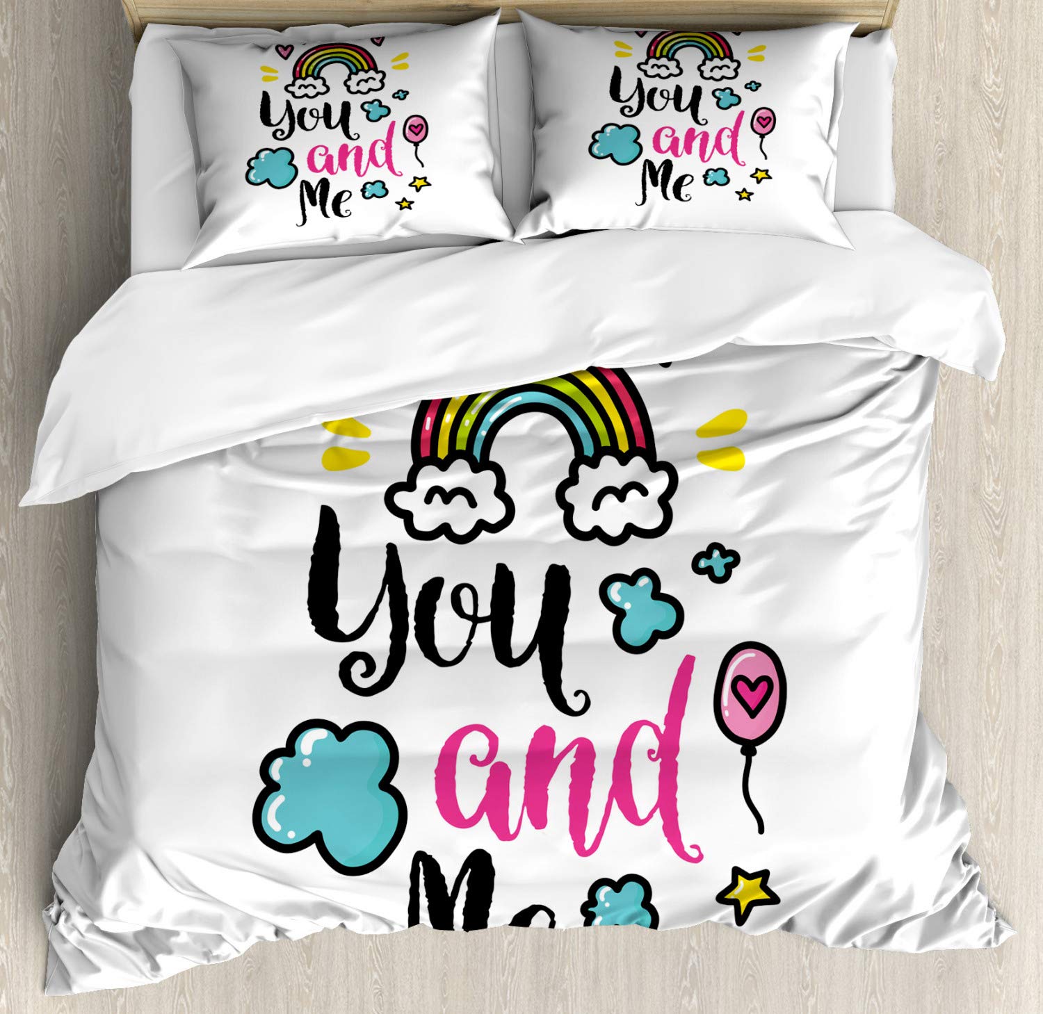 Ambesonne Inspirational Duvet Cover Set - Romantic You and Me Words with Rainbow Clouds & Hearts Love Doodle Print - 3 Piece Bedding Set with 2 Pillow Shams - California King Size - Multicolor - Perfect for Couples Bedroom & Valentine's Day Gift