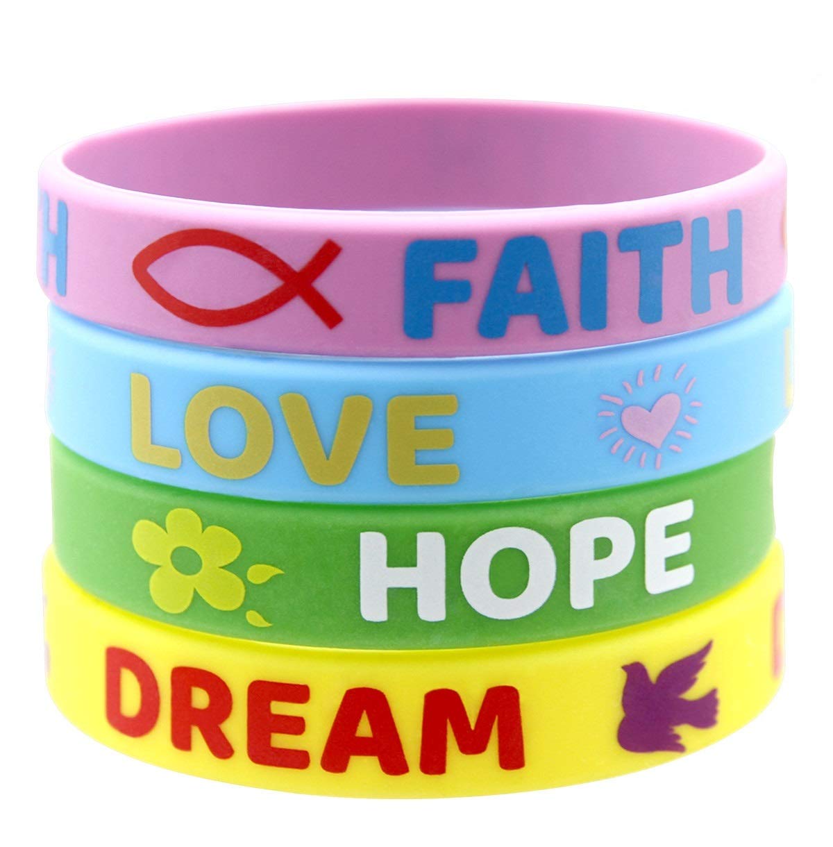 24 Inspirational Rubber Bracelets for Kids - Motivational Sayings (Faith, Hope, Love, Dream) - Easter Wristbands for Girls & Boys - Perfect for Easter Gifts, Party Favors & Sunday School Rewards