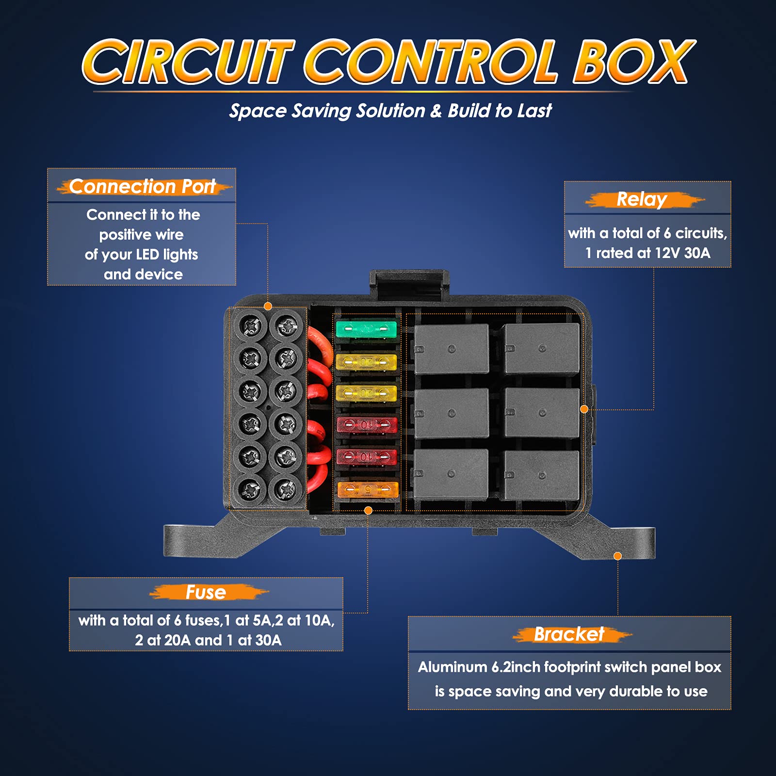 6 Gang Switch Panel Automatic Dimmable - Universal Electronic Relay System Circuit Control Box with On/Off LED Touch Switch for Trucks, UTV, ATV, Boats & Cars | Perfect for Off-Roading, Marine & Automotive Electrical Control