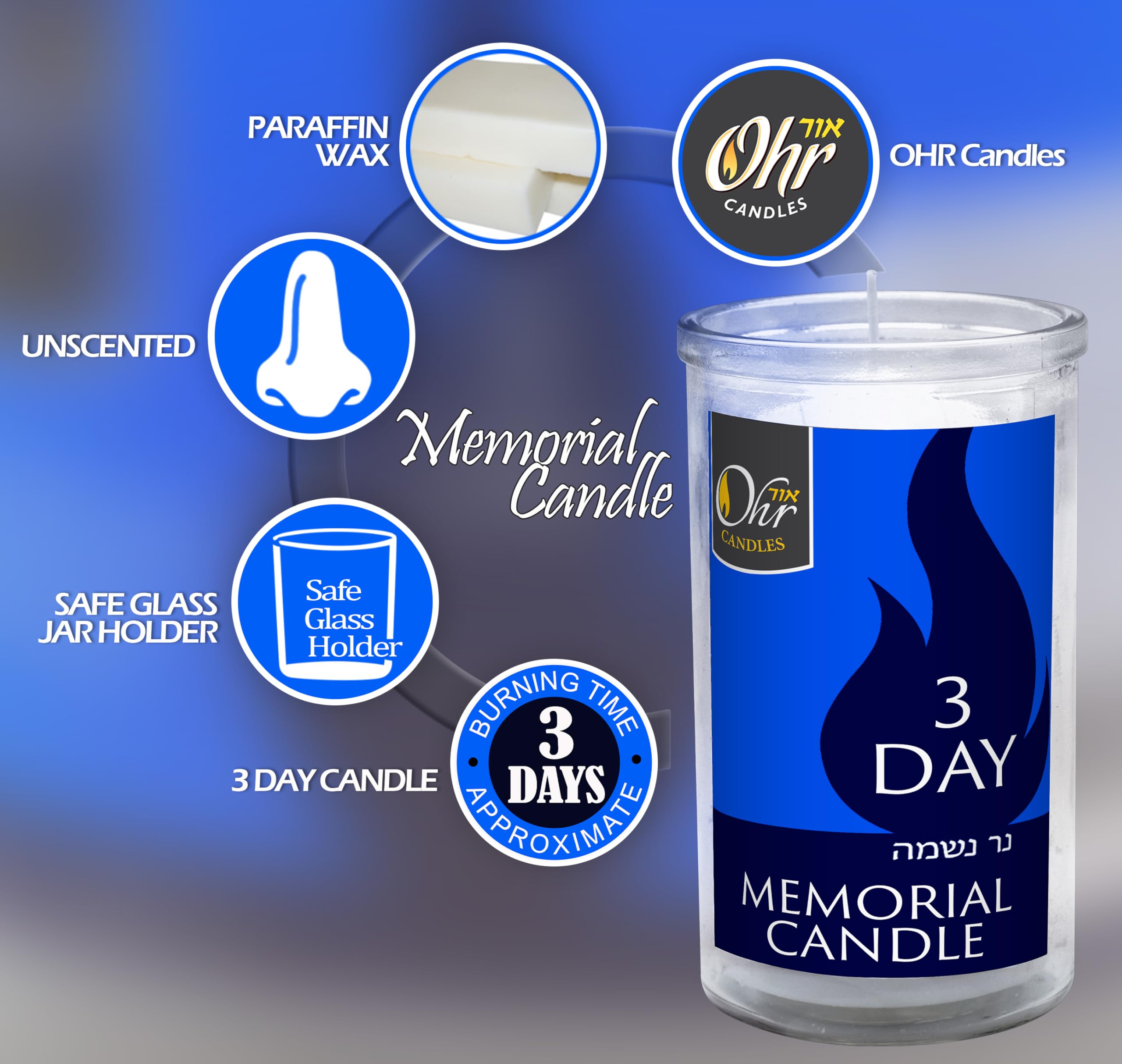 72-Hour Yahrzeit Memorial Candles - 3-Pack Jewish Memorial Candles for Yom Kippur & Remembrance in Glass Tumblers | Perfect for Synagogue, Home Memorials & Religious Ceremonies