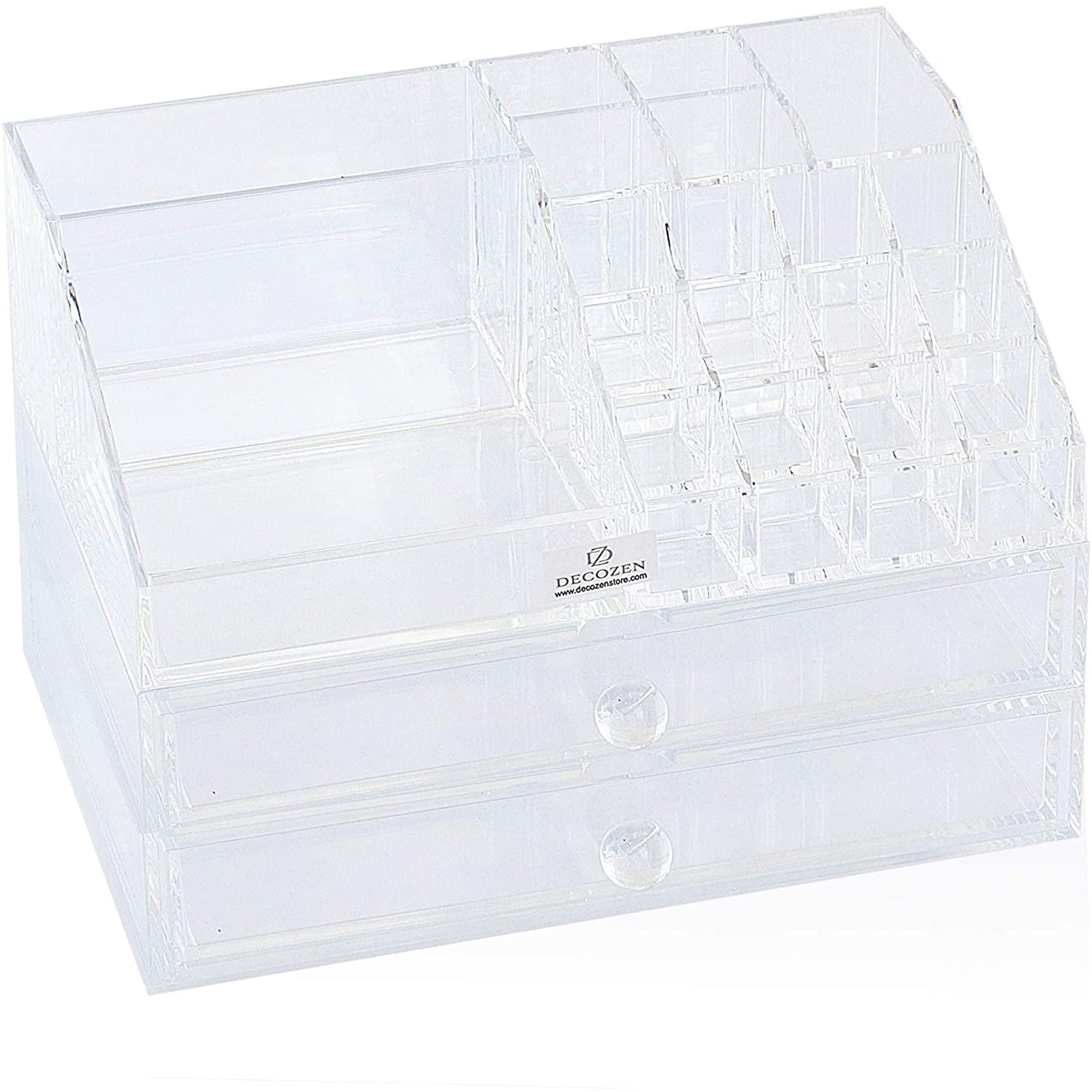 Decozen Makeup Organizer with 20 Slots & 2 Drawers - Perfect Mother's Day Birthday Gift for Women, Vanity Storage for Brushes, Nail Polish, Lipstick, Perfume & Jewelry - Ideal for Bedroom Dresser, Bathroom Counter & Travel Beauty Organization