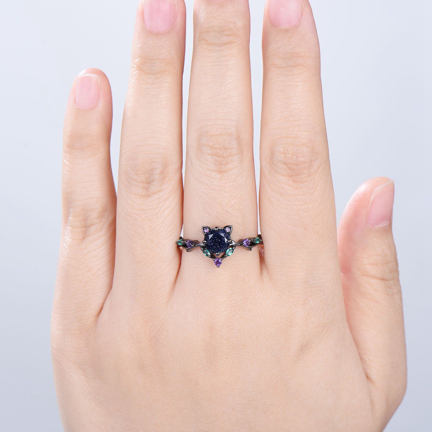5mm Round Blue Sandstone Vintage Engagement Ring - Galaxy Starry Cat Promise Ring in Black Gold with Marquise Emerald - Perfect for Weddings, Anniversaries & Romantic Gifts for Her