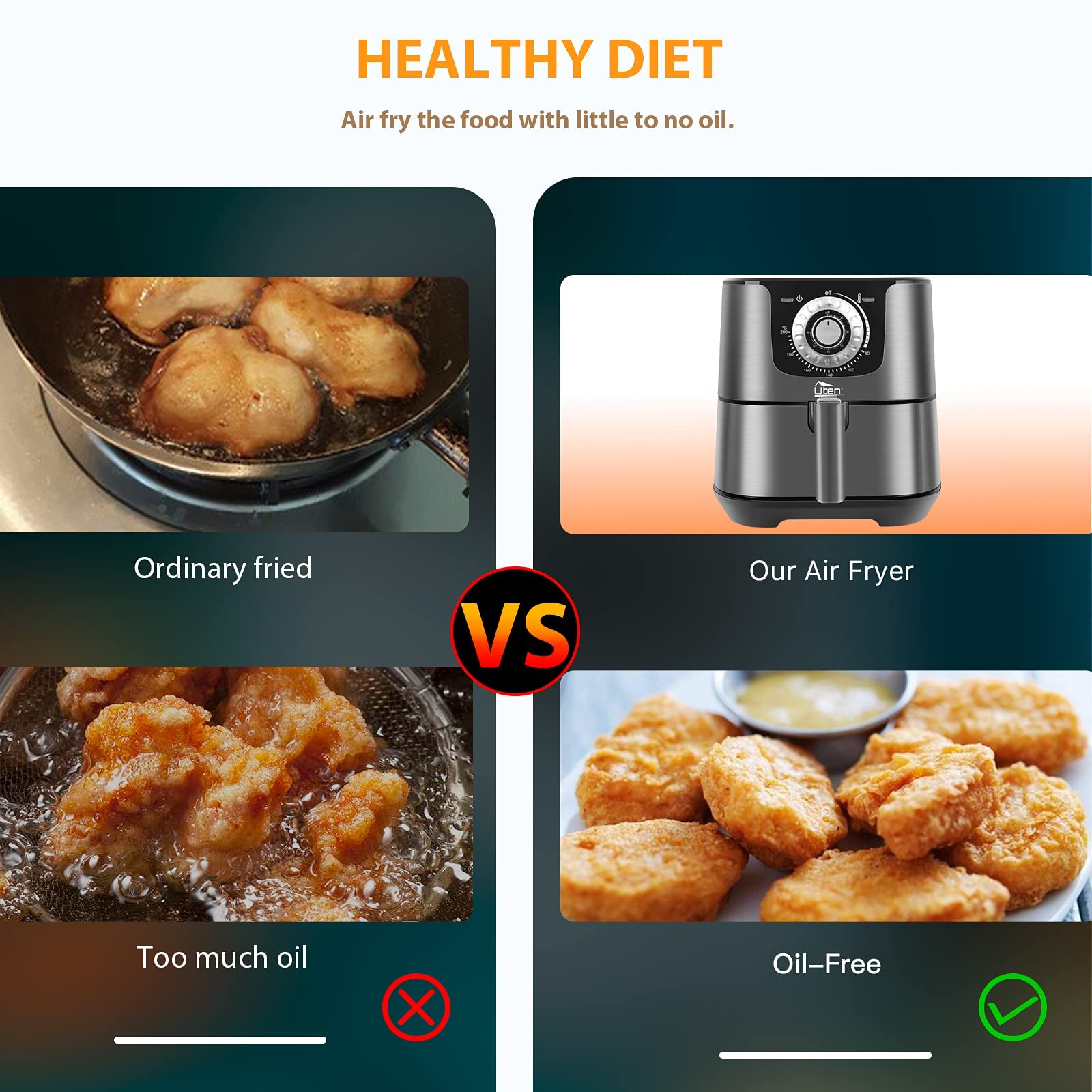 5.8 Quart Air Fryer 1700W - Oil Free Cooker with Non-Stick Basket, Timer & Temperature Control - Perfect for Healthy Frying, Roasting, Baking & Reheating - Ideal for Family Meals, Parties & Quick Snacks