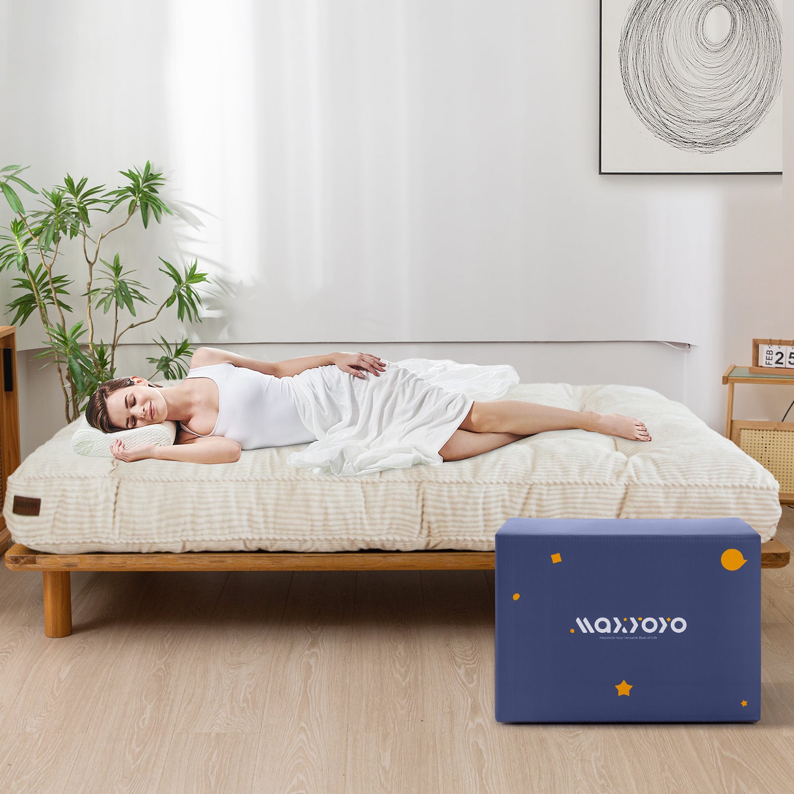 MAXYOYO 6-Inch Tufted Futon Sofa Bed - Thick Corduroy Fabric Floor Mattress for Adults (Mattress Only) in Beige | Perfect for Small Spaces, Guest Rooms & Dorm Rooms