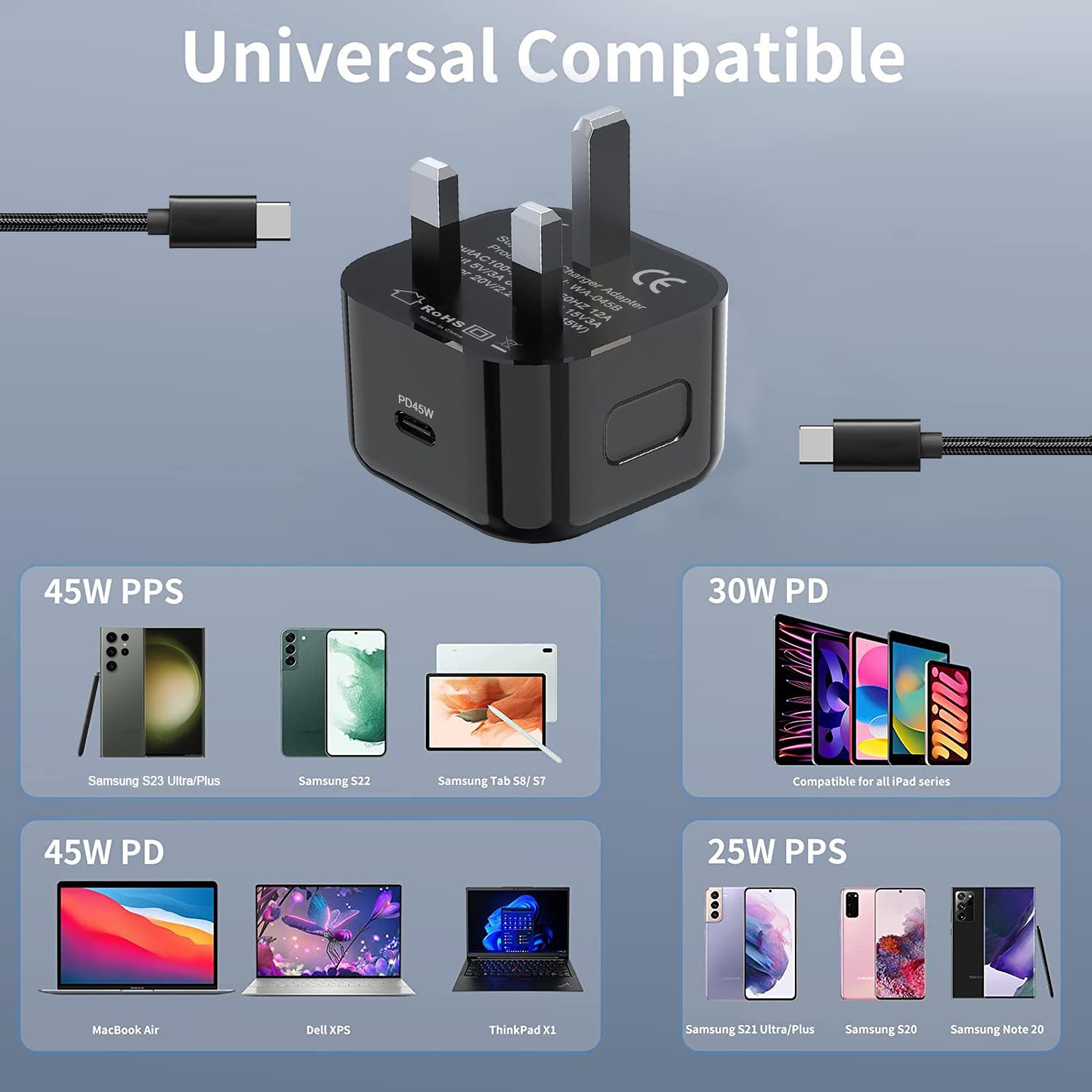 45W Super Fast USB C Charger for Samsung Galaxy S25 Ultra/S24 Ultra/S23 FE/A56 5G/S24 Plus/S22/S21/A55/A36/A34/A15/A25/A53, Tab S7/S8/S9/S10 & iPhone 16/16 Pro Max - Fast Charging Adapter with Cable for Home, Office, and Travel