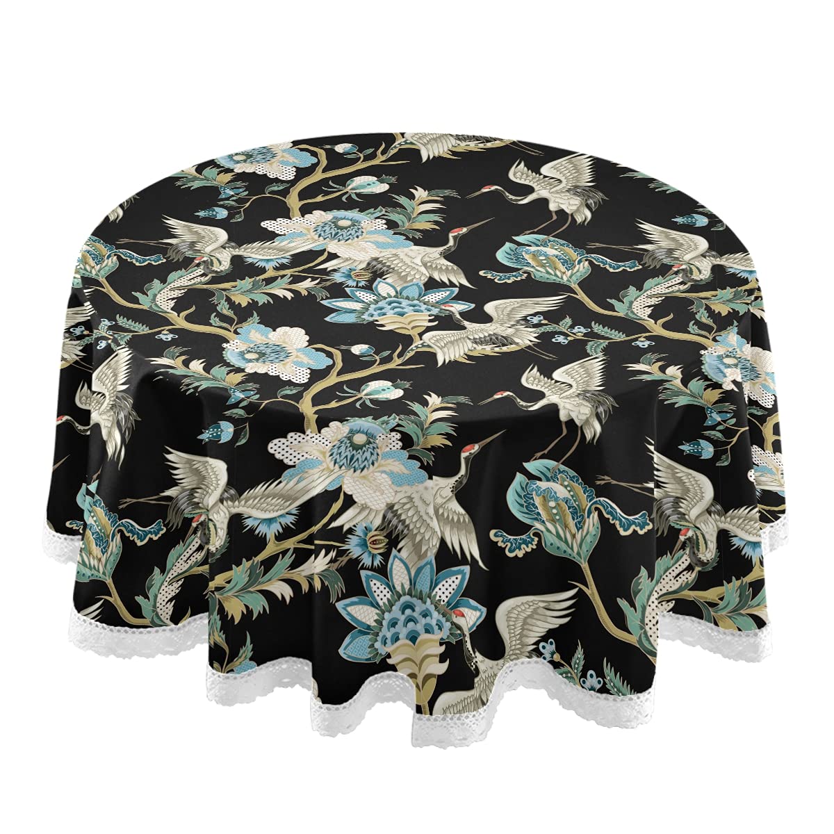 Japanese Crane Round Tablecloth 60 Inch - Blue Floral Ethnic Table Cover with Lace Trim, Washable Dining Decor for Home, Party, Picnic | Perfect for Holiday Gatherings, Wedding Receptions & Outdoor Dining